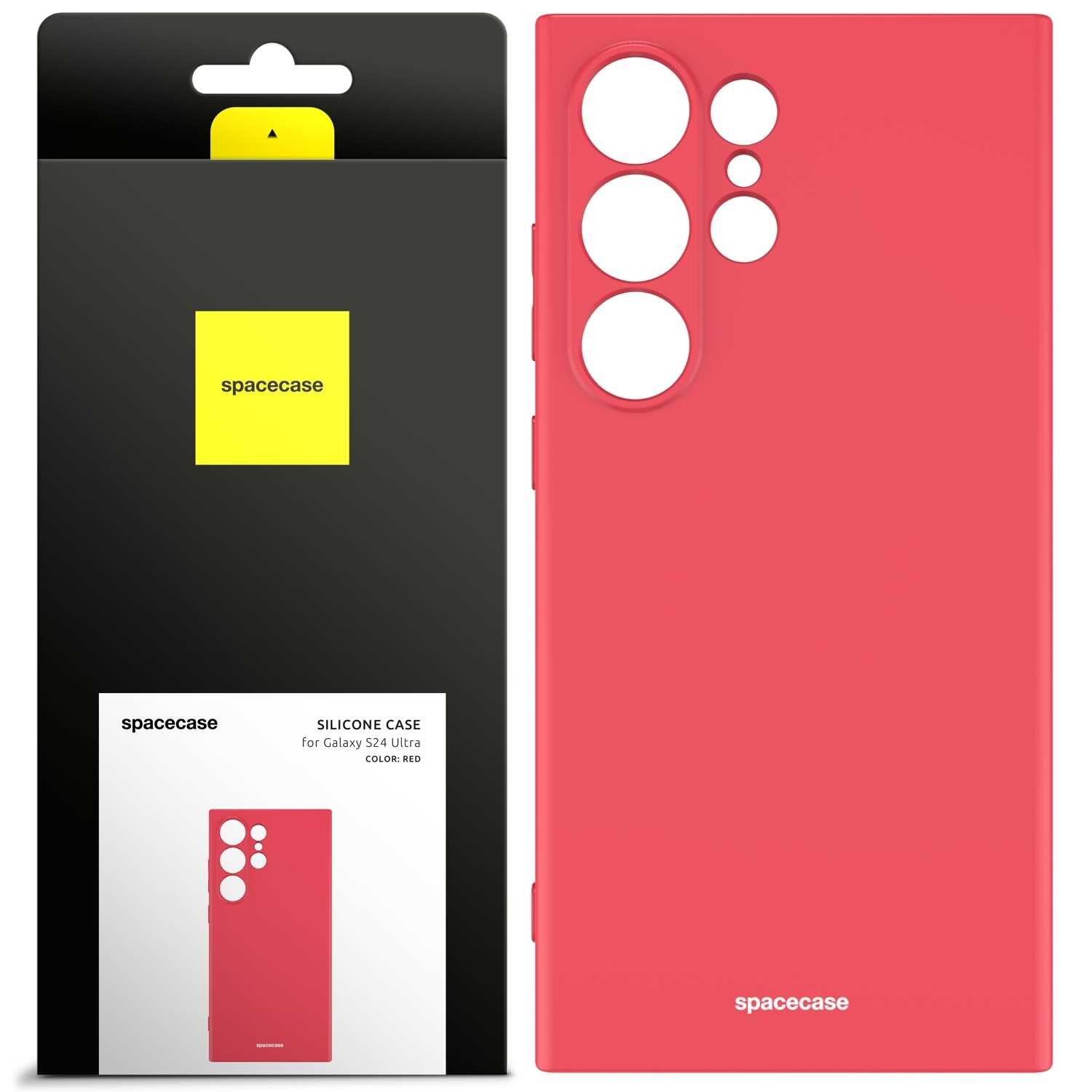 Czerwone silikonowe etui z wycięciami na aparat, obok opakowanie z logo \'spacecase\' i napisem \'SILICONE CASE for Galaxy S24 Ultra COLOR: RED\'.