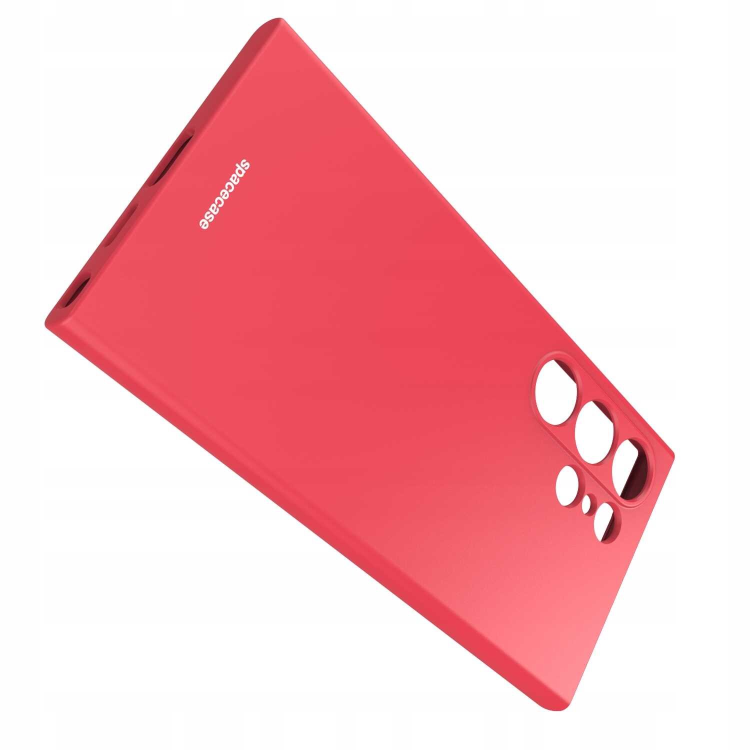 Czerwone silikonowe etui z wycięciami na aparat i przyciski, z widocznym napisem \'spacecase\'.