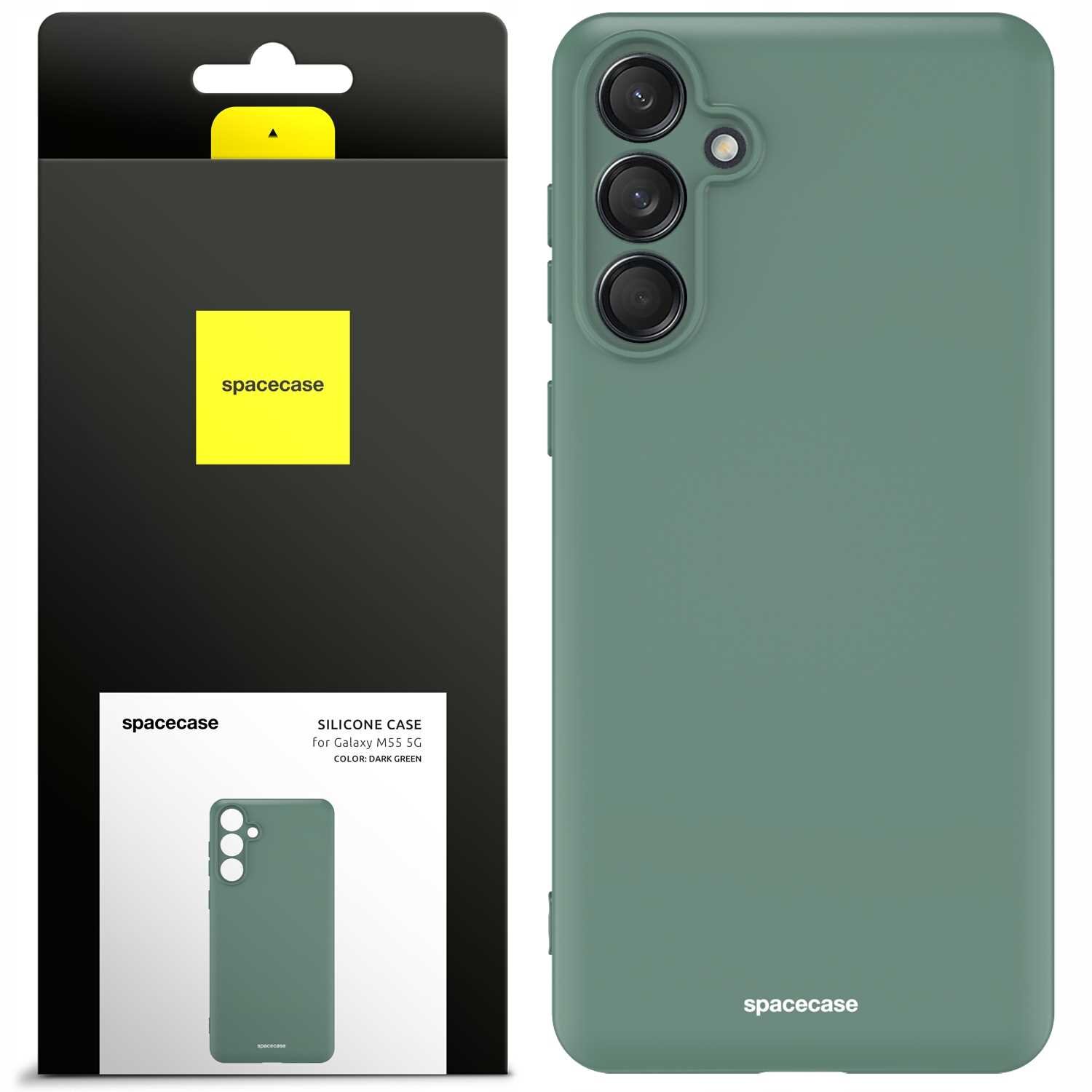 Obraz przedstawia zielone silikonowe etui na telefon z trzema otworami na aparaty. Opakowanie produktu zawiera logo \'spacecase\' oraz napis \'SILICONE CASE for Galaxy M55 5G COLOR: DARK GREEN\'.