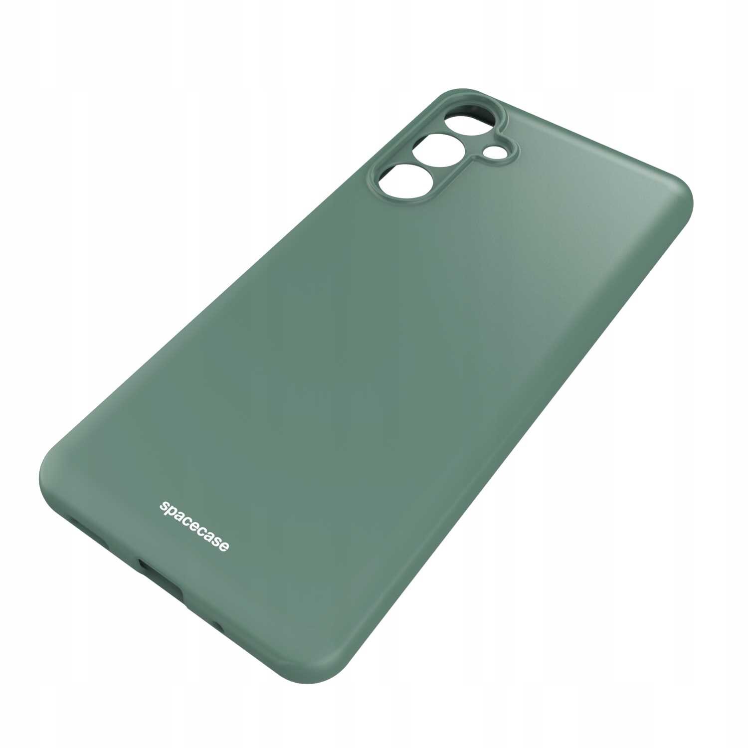 Zielone silikonowe etui z trzema otworami na aparat i logo \'spacecase\' na dole.