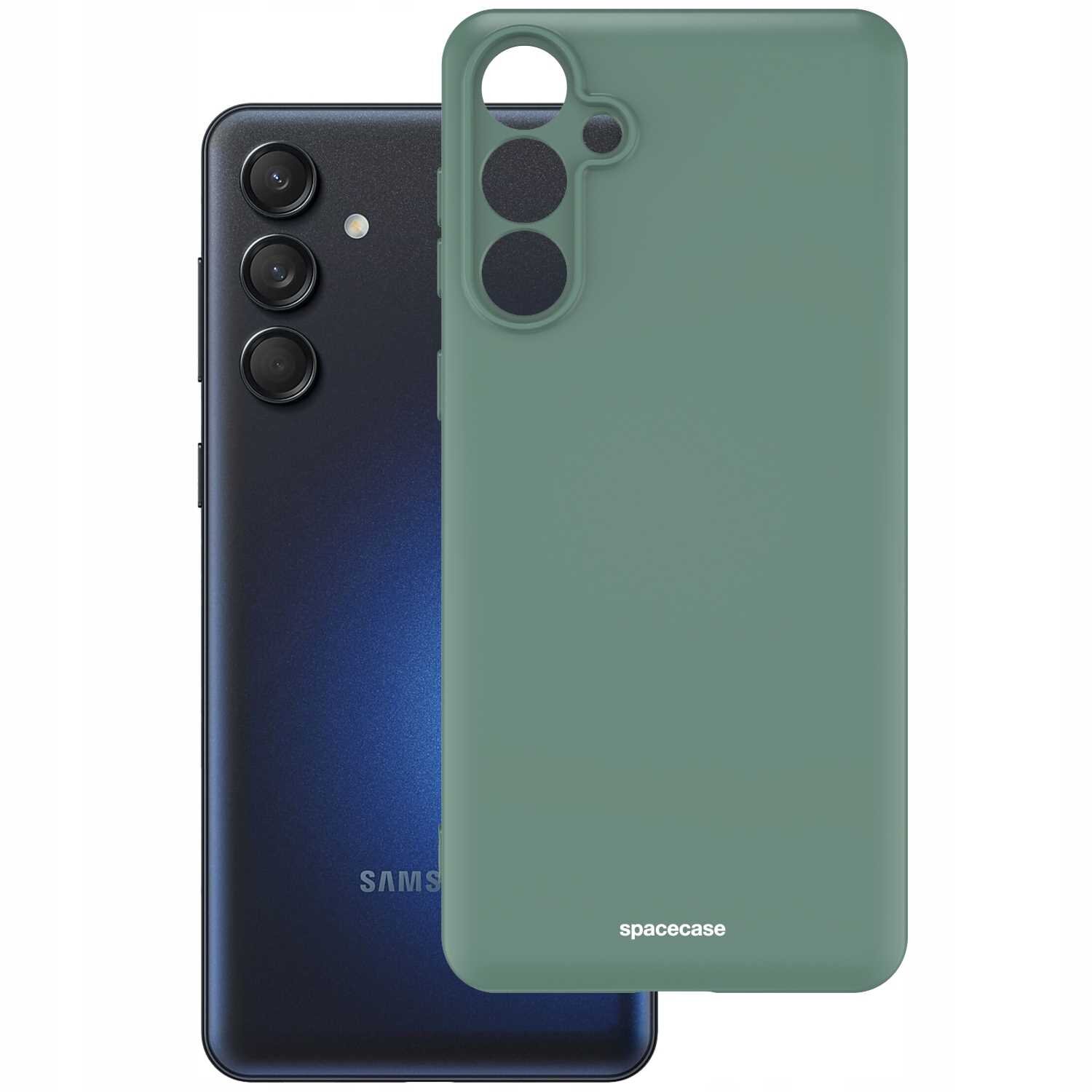 Na obrazie widoczne jest zielone silikonowe etui z trzema otworami na aparaty oraz logo \'spacecase\' na dole. W tle znajduje się ciemny telefon z trzema obiektywami i logo \'SAMSUNG\'.