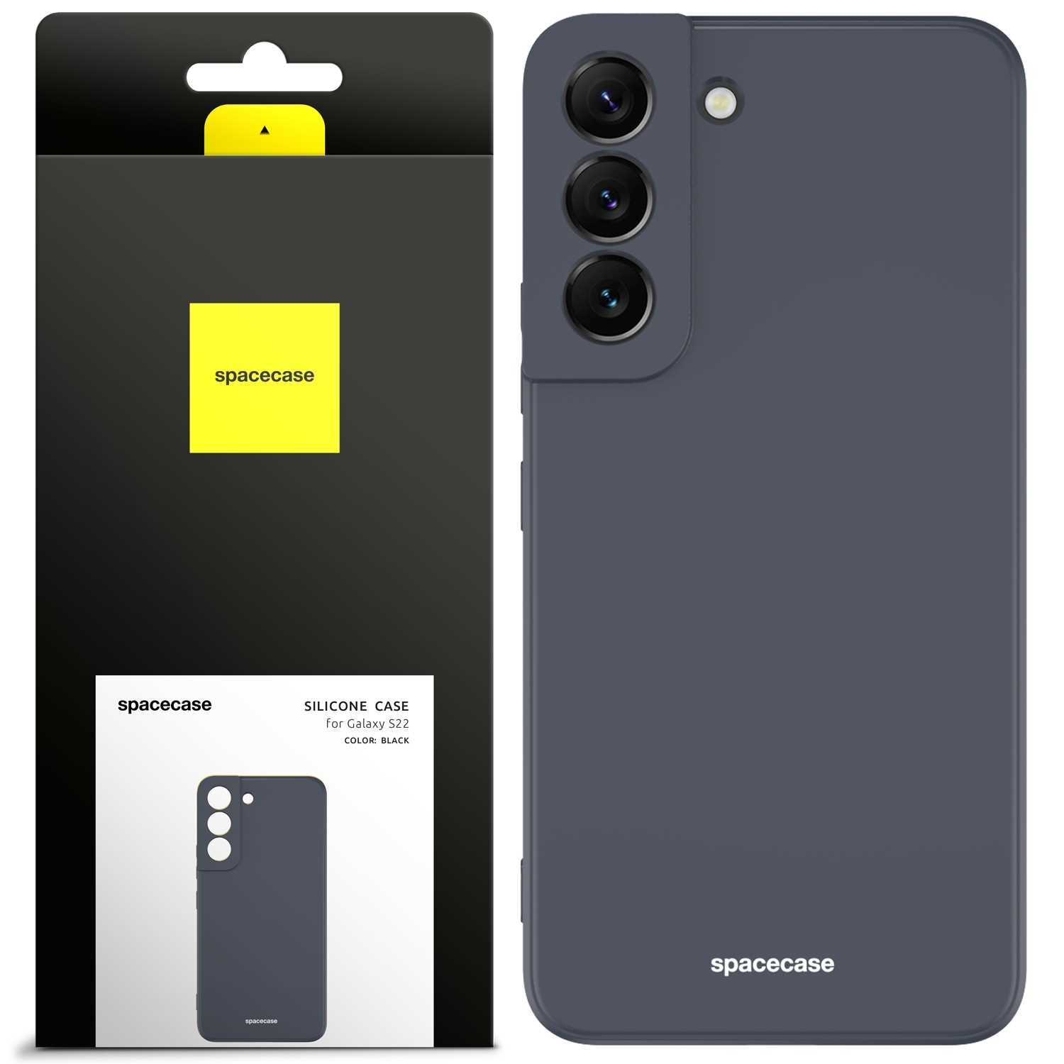 Obraz przedstawia czarne silikonowe etui na telefon z trzema otworami na aparaty. Opakowanie produktu ma czarną i żółtą kolorystykę z napisem \'spacecase\'.
