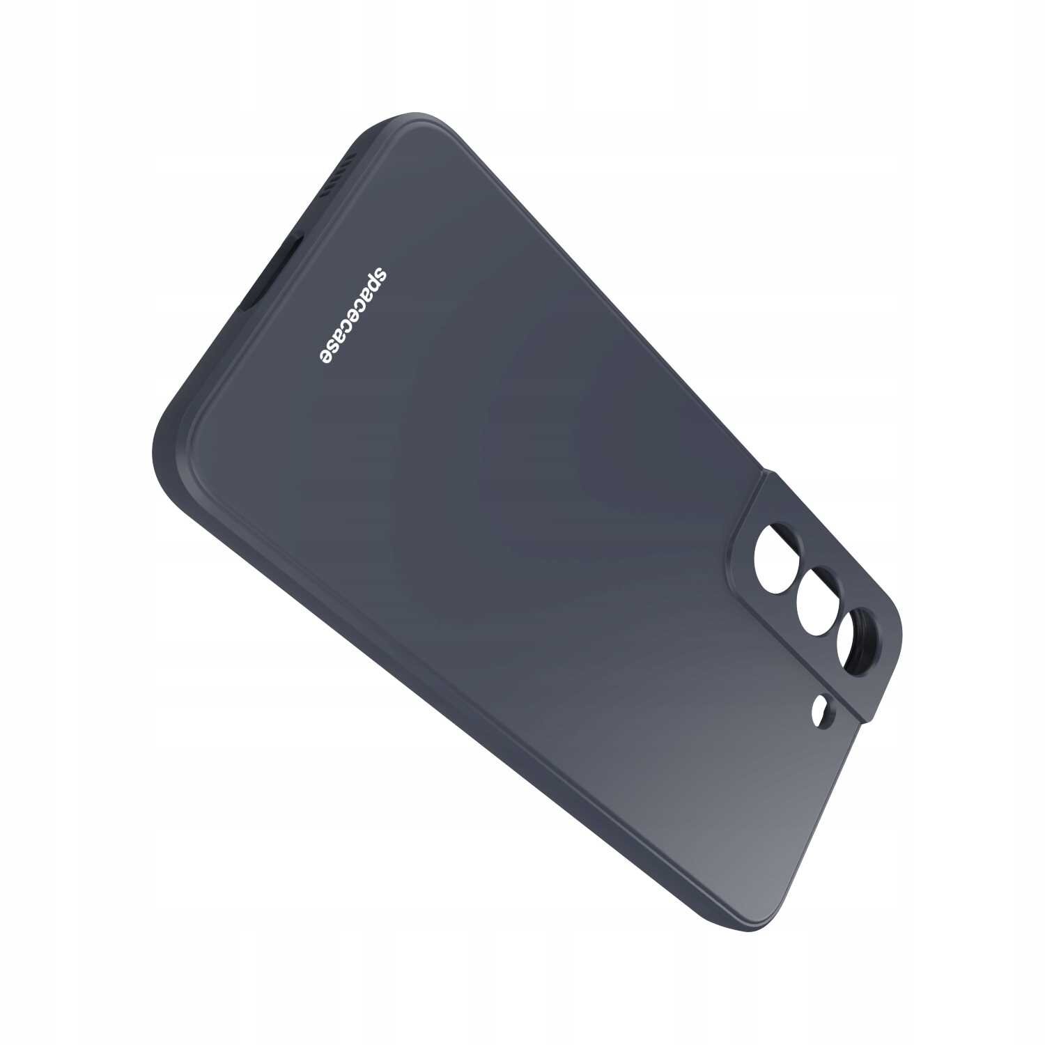 Czarne silikonowe etui z wycięciami na aparat i logo \'spacecase\' na powierzchni. Etui jest przeznaczone do telefonu Galaxy S22.