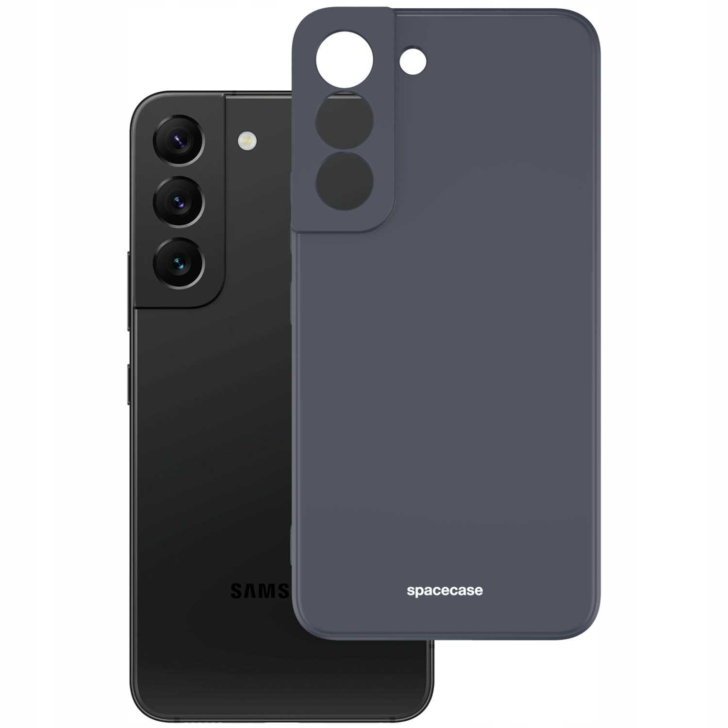 Na obrazie widoczne jest czarne silikonowe etui SPACECASE do telefonu Galaxy S22, z wycięciami na aparat i logo \'spacecase\'.