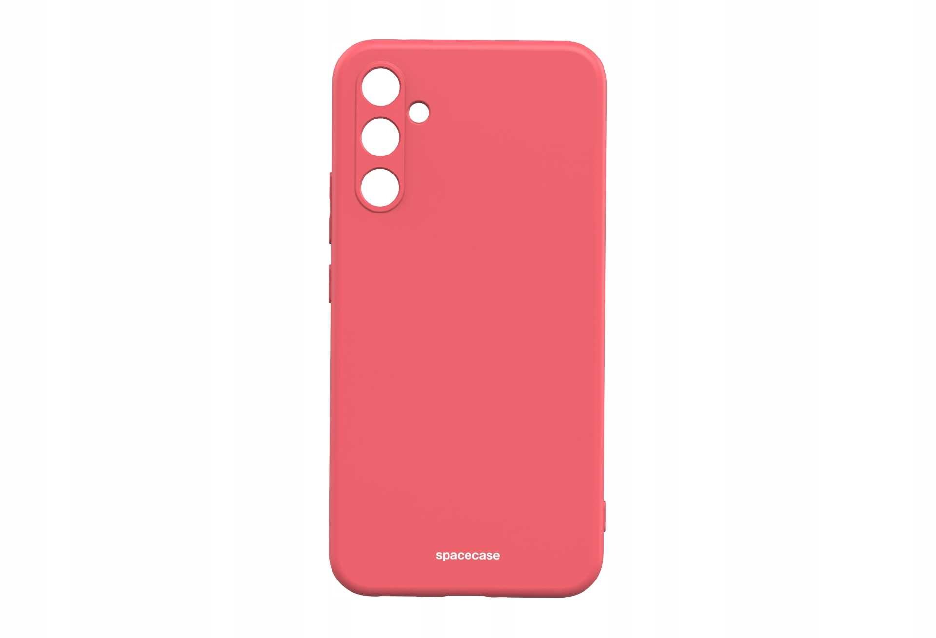 Czerwone silikonowe etui z trzema otworami na aparat i napisem \'spacecase\' na dole.