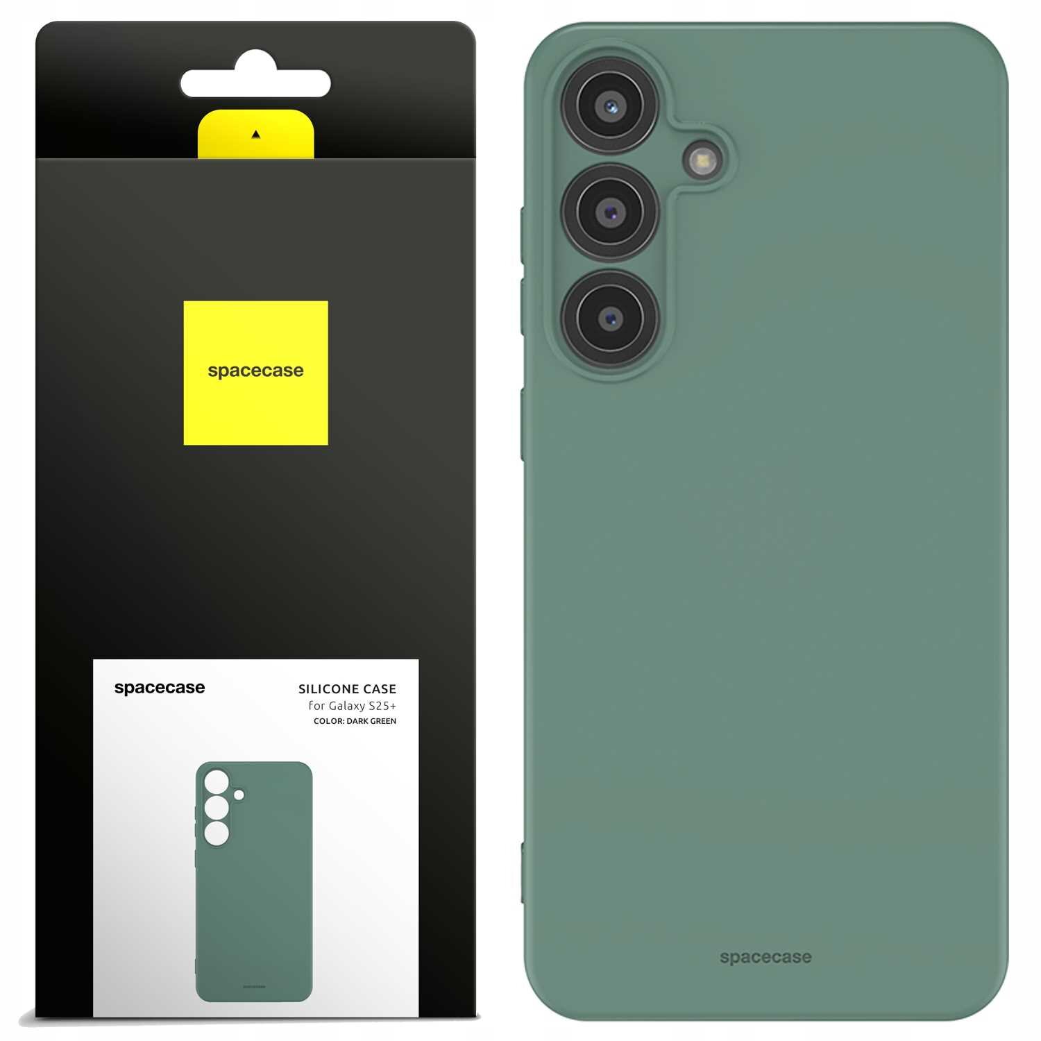 Obraz przedstawia zielone silikonowe etui na telefon z trzema otworami na aparaty. Obok znajduje się opakowanie z logo \'spacecase\' i napisem \'SILICONE CASE for Galaxy S25+ COLOR: DARK GREEN\'.