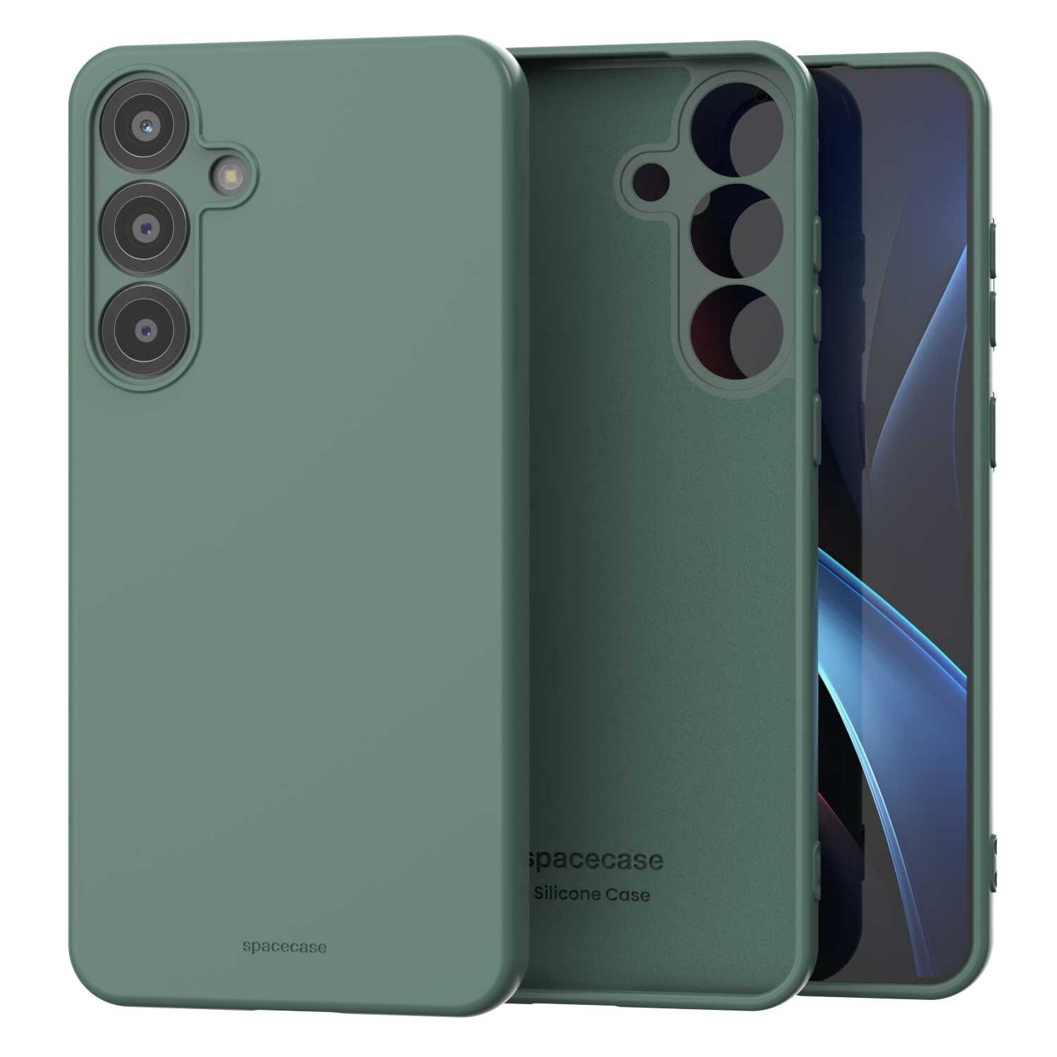 Zielone silikonowe etui na telefon z trzema otworami na aparaty i jednym na lampę błyskową. Na dole widoczny jest napis \'spacecase Silicone Case\'.