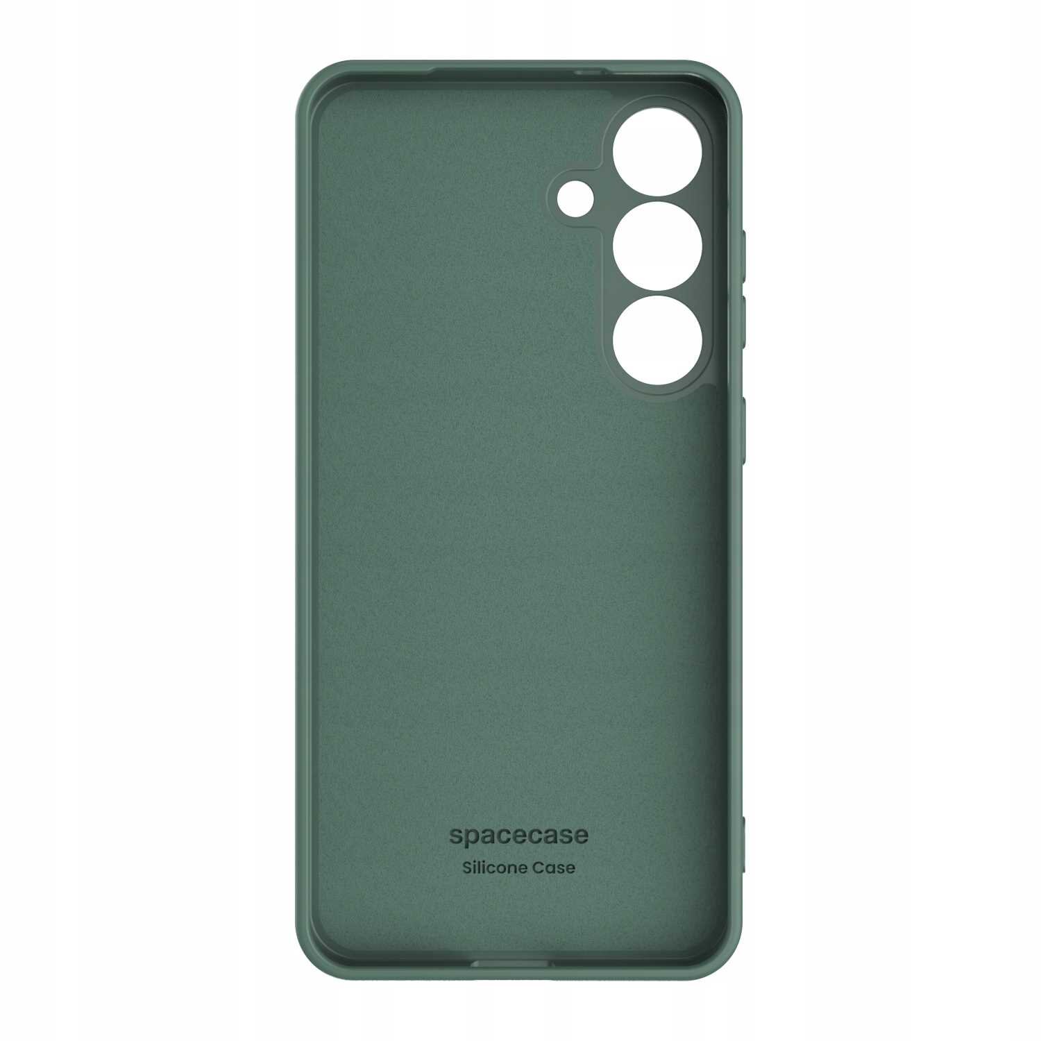 Zielone silikonowe etui z trzema okrągłymi otworami na aparat i napisem \'spacecase Silicone Case\' na dole.
