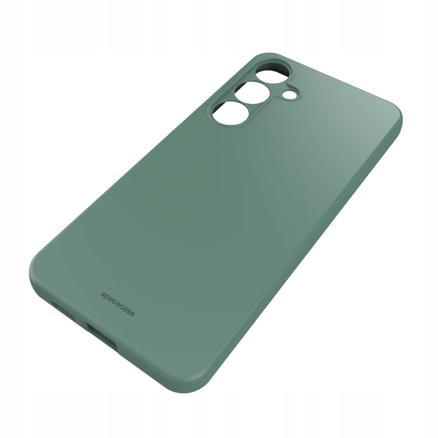 Zielone silikonowe etui z wycięciami na aparat i logo \'spacecase\' na dole.
