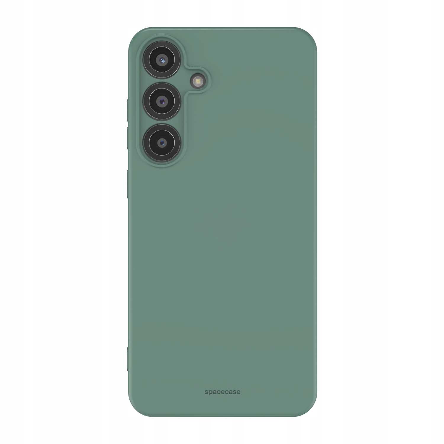 Zielone silikonowe etui na telefon z trzema otworami na aparaty i jednym na lampę błyskową. Na dole widoczny jest napis \'spacecase\'.