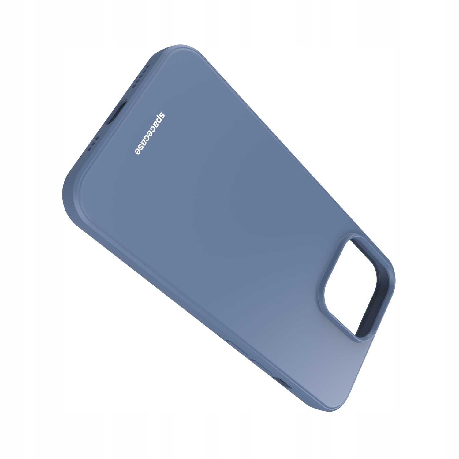 Niebieskie silikonowe etui na telefon z wycięciem na aparat i logo \'spacecase\'.