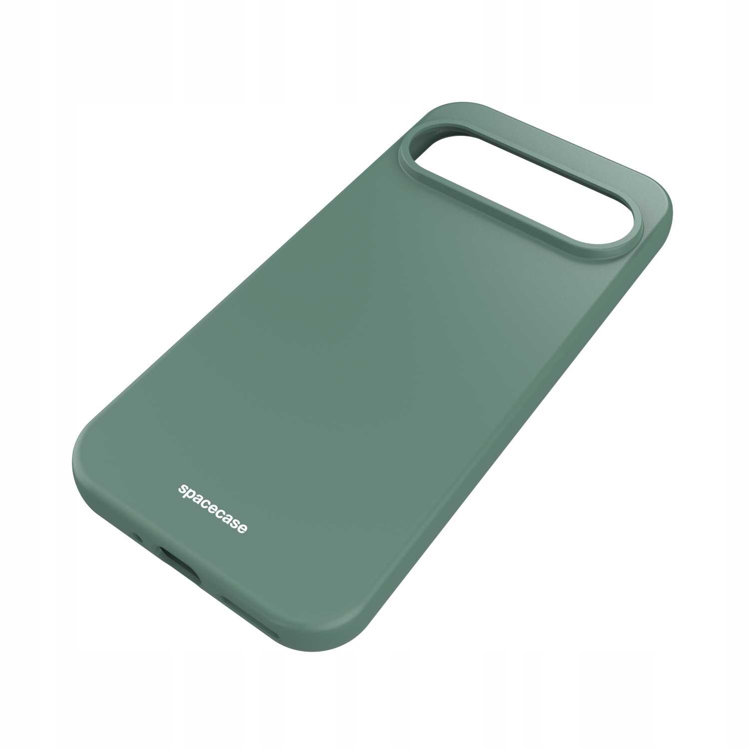 Zielone silikonowe etui z wycięciem na aparat i logo \'spacecase\' na dole.