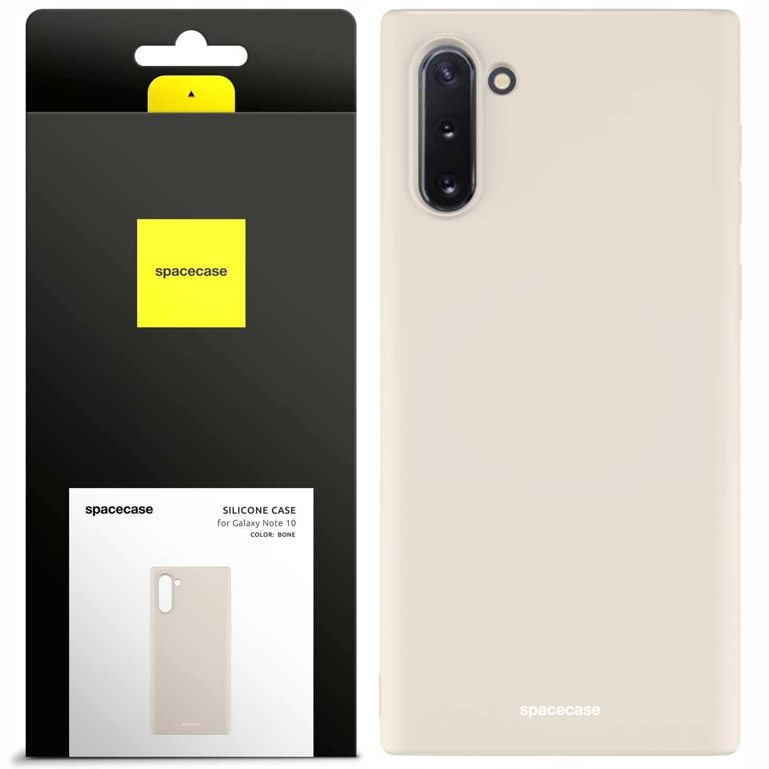 Obraz przedstawia beżowe silikonowe etui na telefon z trzema otworami na aparat. Obok znajduje się opakowanie z logo \'spacecase\' i napisem \'SILICONE CASE for Galaxy Note 10 COLOR: BONE\'.