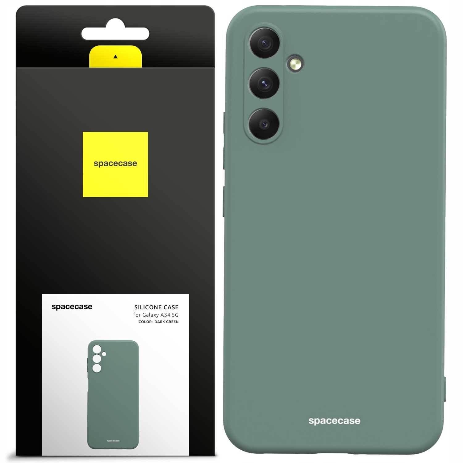 Zielone silikonowe etui SPACECASE do Galaxy A34 5G jest pokazane obok opakowania z logo \'spacecase\'.