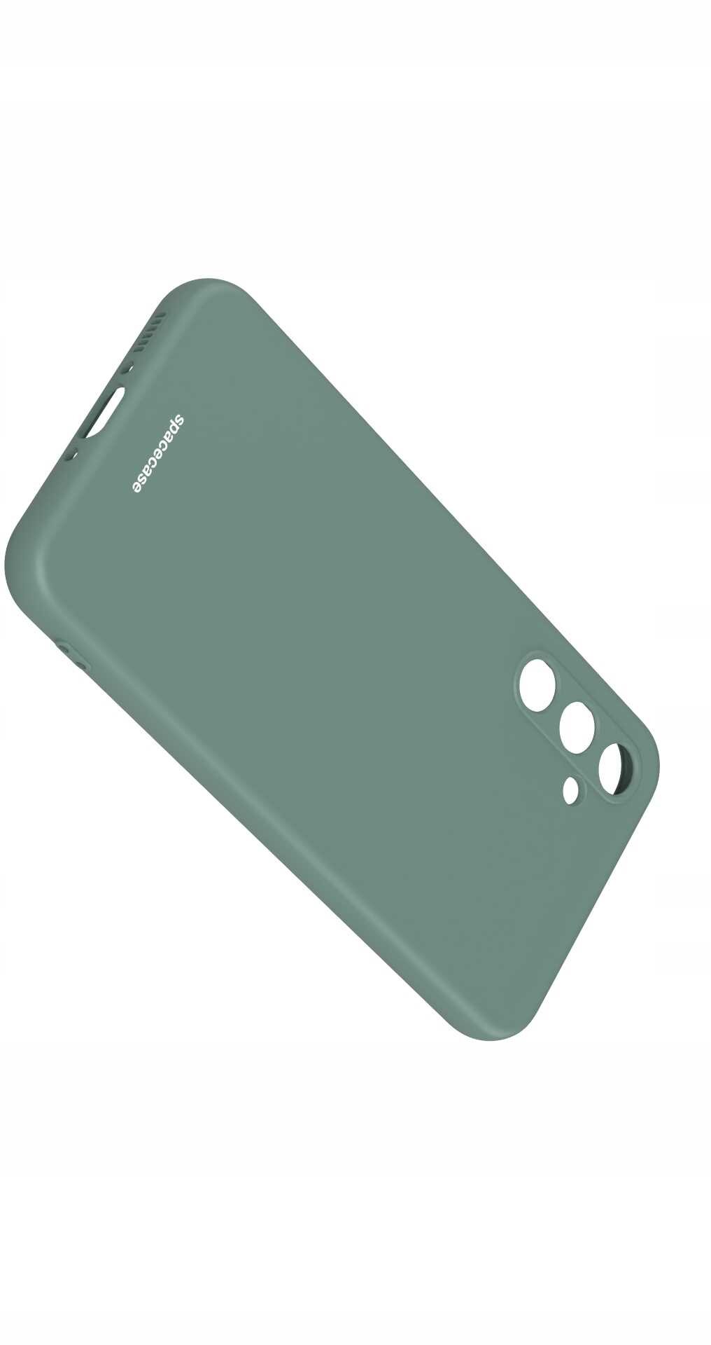 Zielone silikonowe etui z wycięciami na aparat i przyciski, z widocznym logo \'SPACECASE\'.