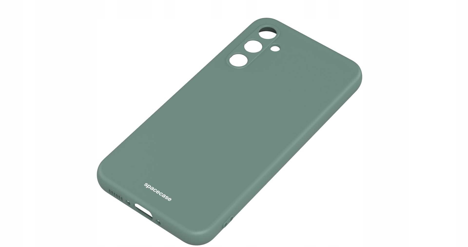 Zielone silikonowe etui z wycięciami na aparat i logo \'spacecase\' na dole.