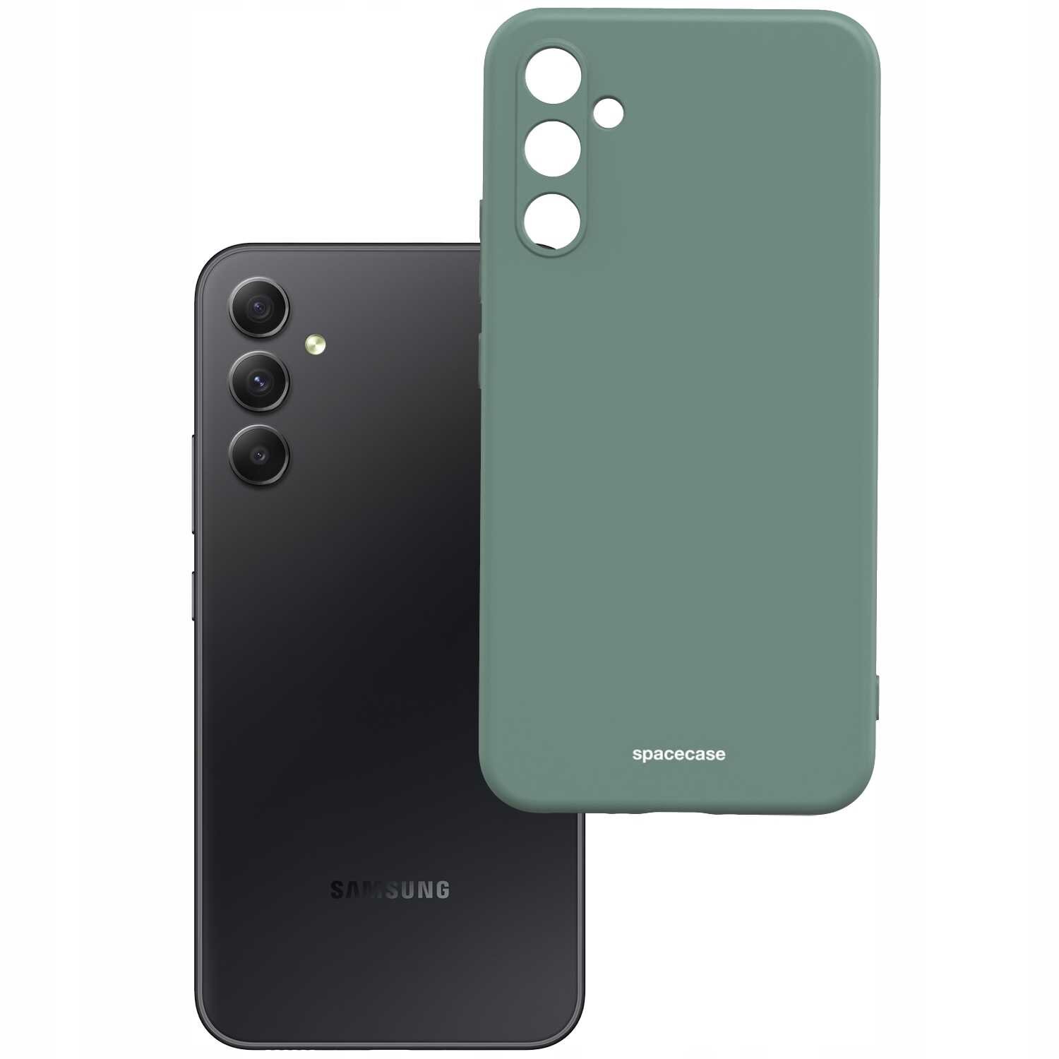 Na obrazie widoczne jest zielone silikonowe etui z napisem \'spacecase\' oraz czarny smartfon z trzema aparatami i logo \'Samsung\'.