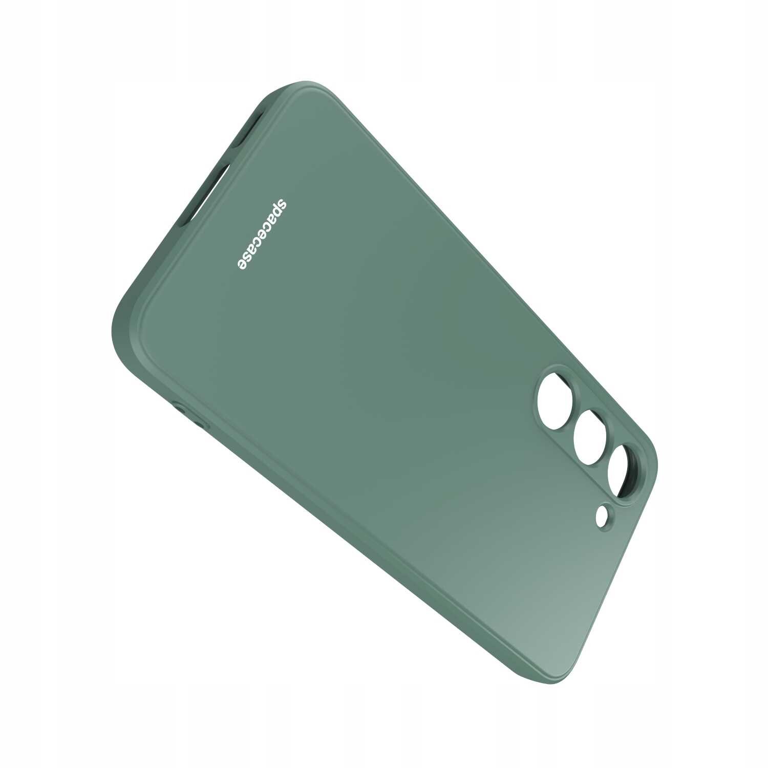 Zielone silikonowe etui z trzema otworami na aparaty i logo \'spacecase\'.