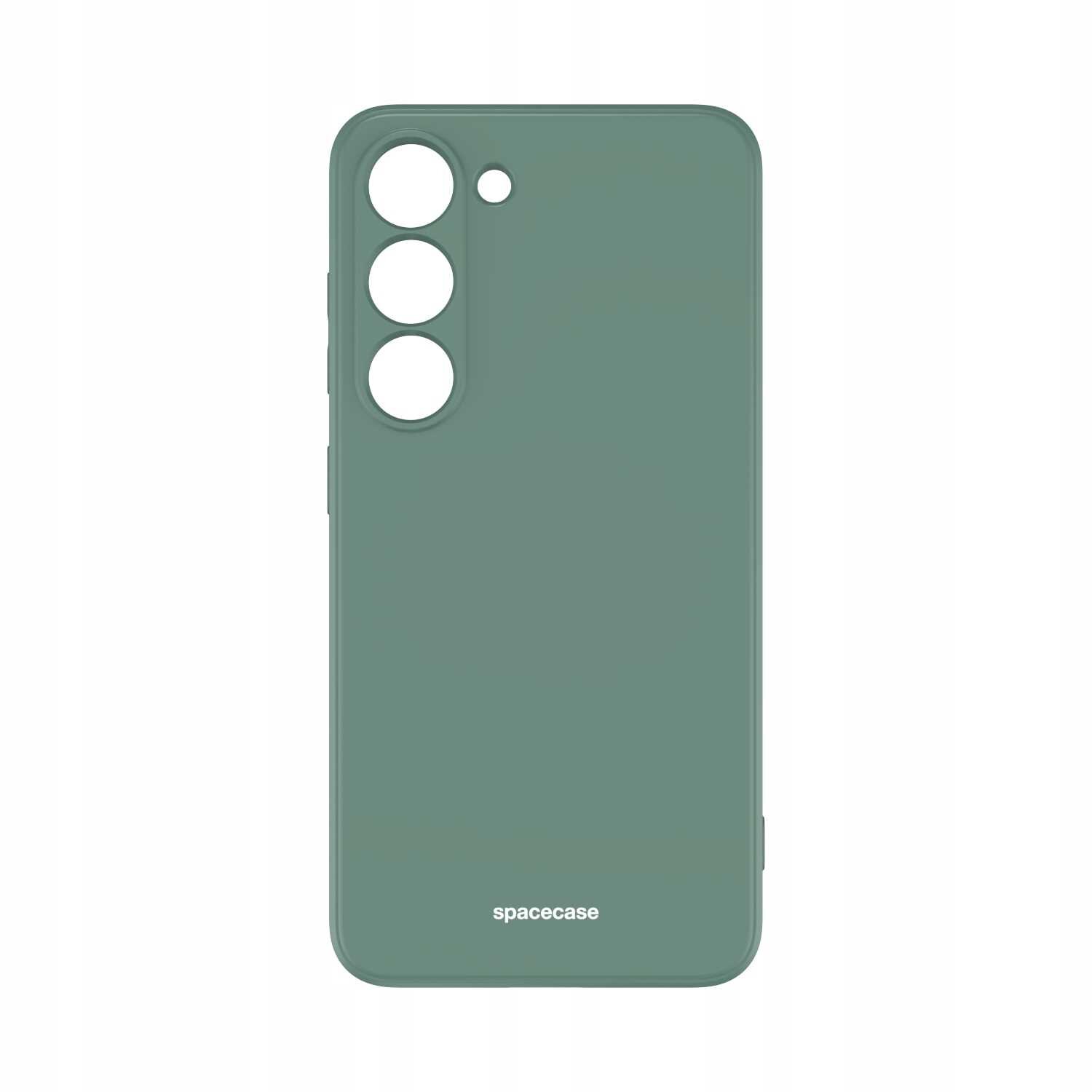 Zielone silikonowe etui z trzema okrągłymi otworami na aparat i napisem \'spacecase\' na dole.
