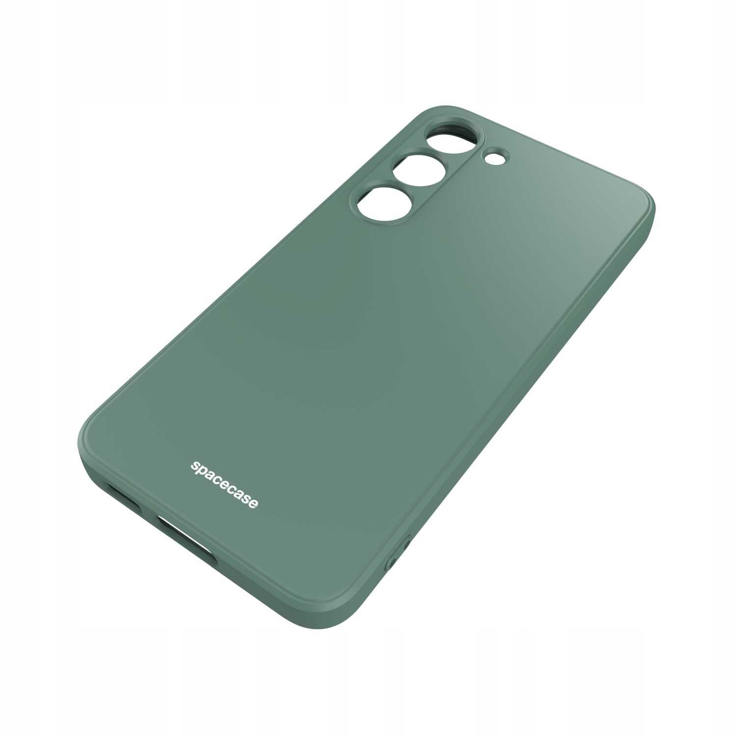 Zielone silikonowe etui z trzema otworami na aparat i napisem \'spacecase\' na dole. Etui ma gładką powierzchnię i zaokrąglone krawędzie.