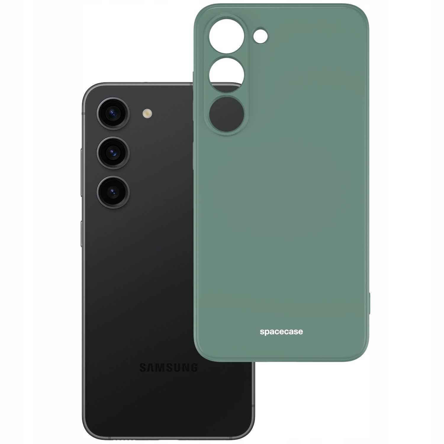 Obraz przedstawia zielone silikonowe etui z trzema otworami na aparaty oraz napisem \'spacecase\'. Obok znajduje się czarny telefon z trzema obiektywami i logo \'Samsung\'.