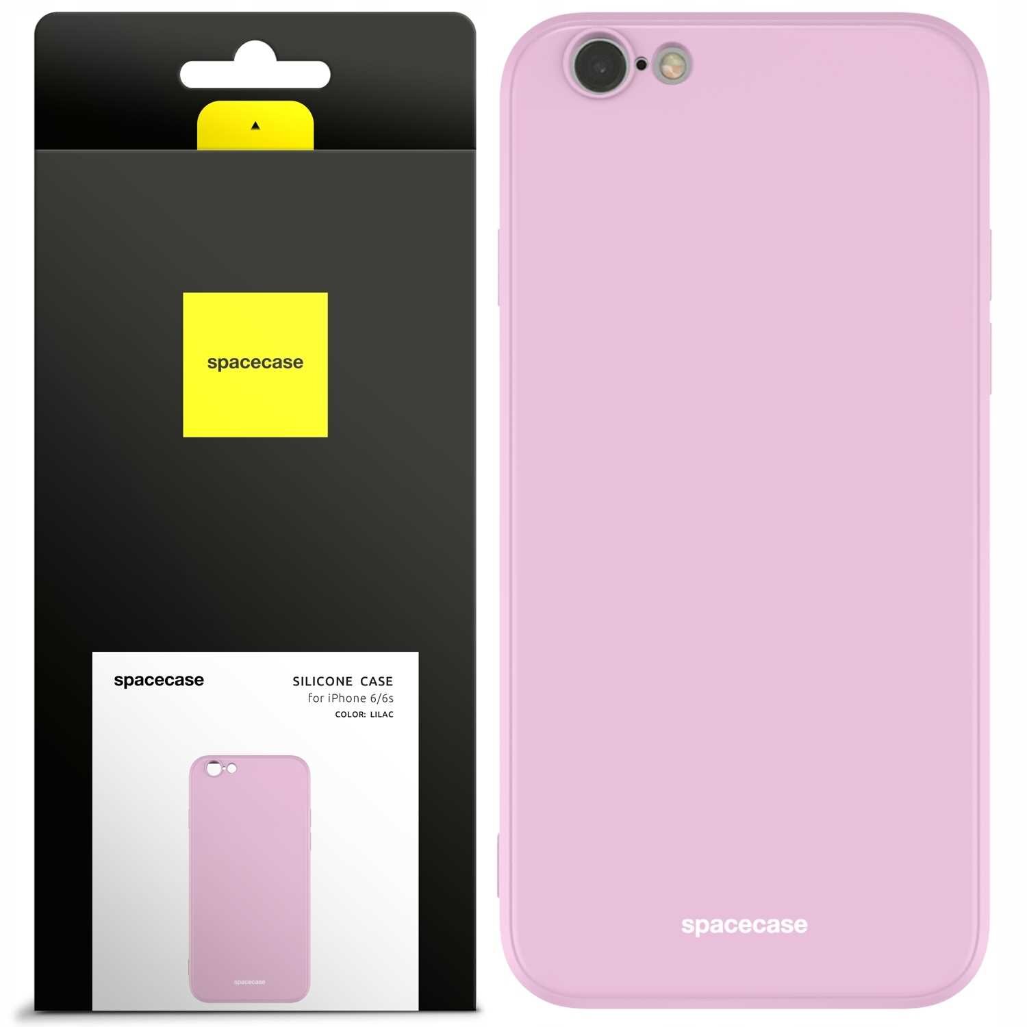 Obraz przedstawia różowe silikonowe etui na telefon z napisem \'spacecase\'. Opakowanie produktu jest czarne z żółtym logo \'spacecase\' i zawiera zdjęcie etui oraz tekst \'SILICONE CASE for iPhone 6/6s COLOR: LILAC\'.