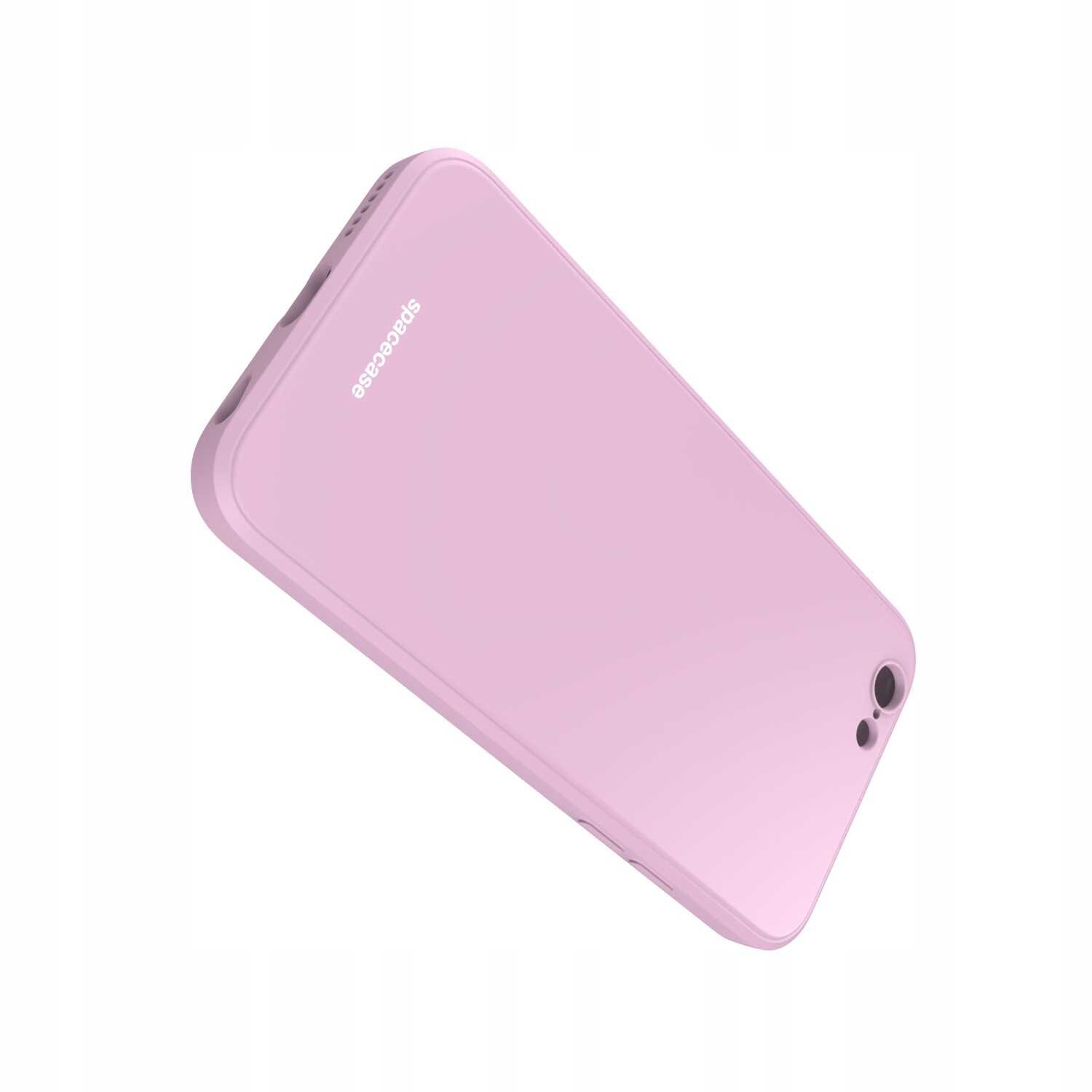 Różowe silikonowe etui na telefon z widocznym logo \'spacecase\'. Etui ma otwory na aparat i przyciski.