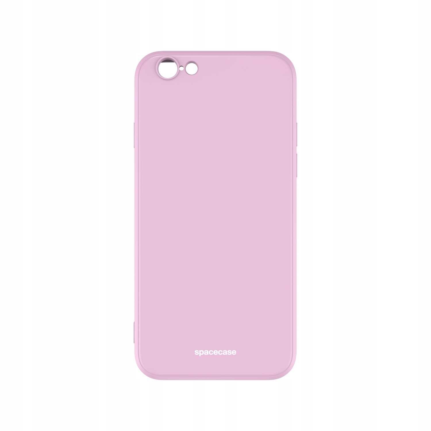 Różowe silikonowe etui na telefon z wycięciami na aparat i logo \'spacecase\' na dole.