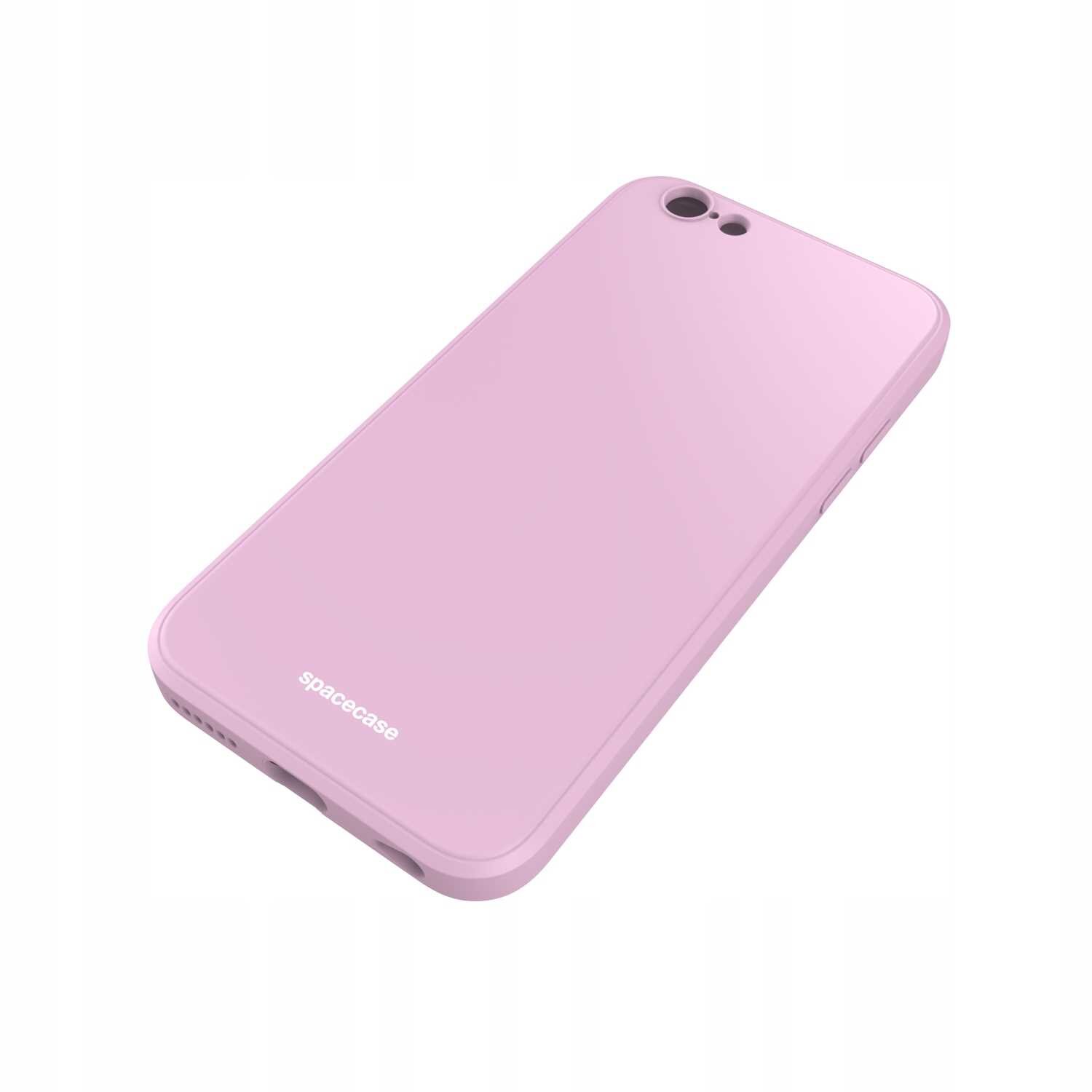 Różowe silikonowe etui na telefon z napisem \'spacecase\' na dole. Etui ma otwory na aparat i przyciski boczne.