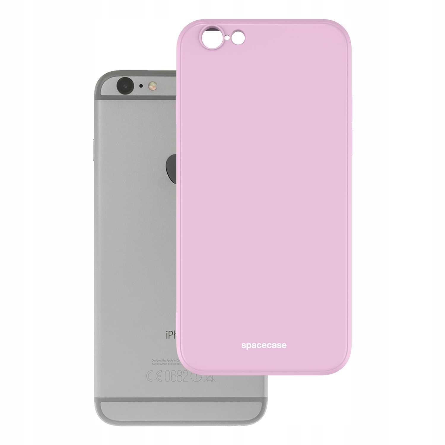 Na obrazie widoczne jest różowe silikonowe etui z napisem \'spacecase\', przeznaczone do telefonu iPhone 6/6s. W tle znajduje się szary telefon z widocznym logo producenta.