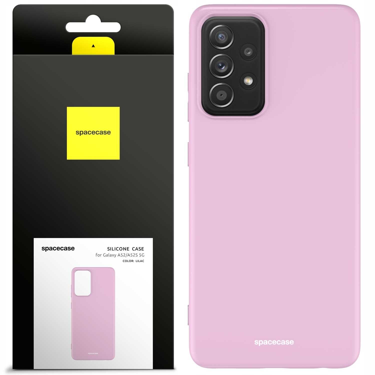 Obraz przedstawia różowe silikonowe etui na telefon z napisem \'spacecase\' na dole. Obok znajduje się opakowanie z logo \'spacecase\' i opisem \'SILICONE CASE for Galaxy A52/A52S 5G COLOR: LILAC\'.