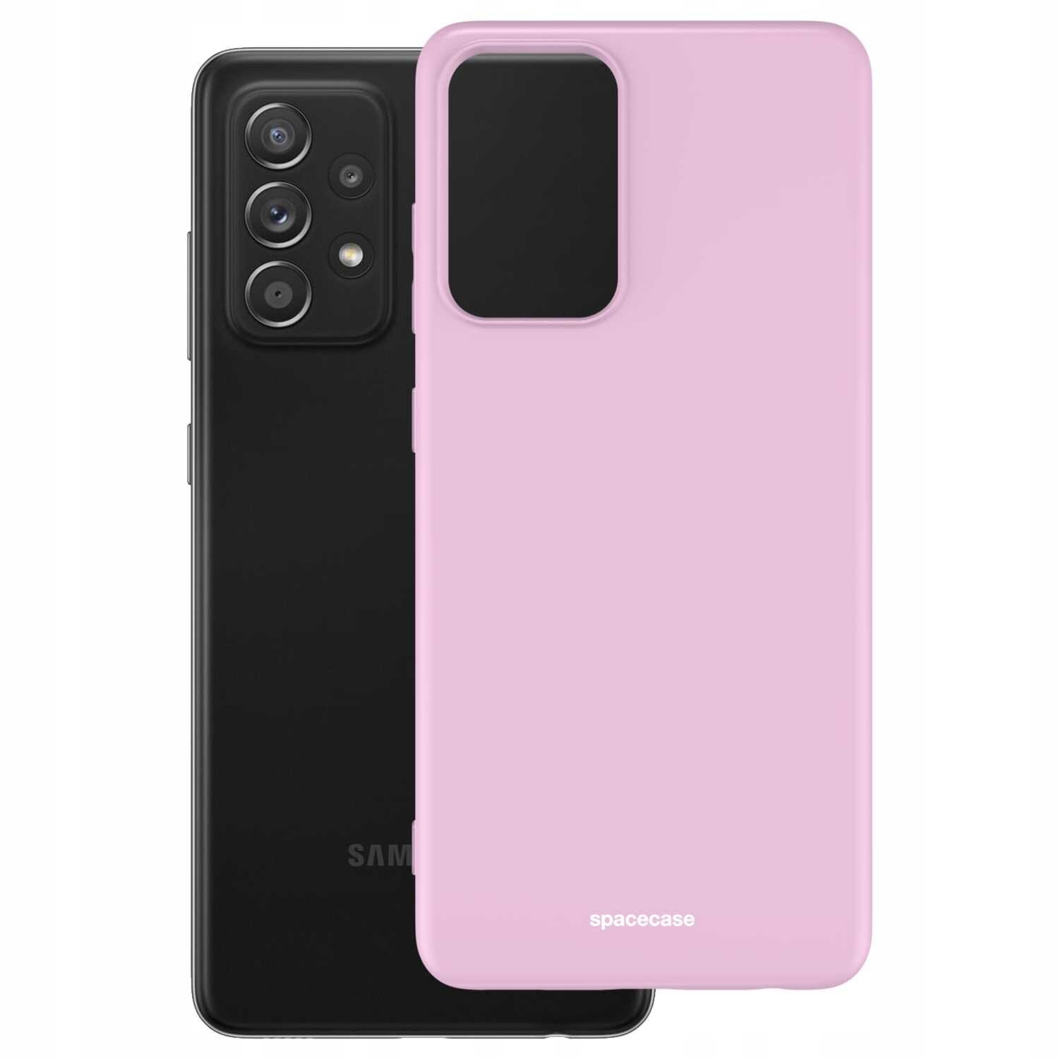 Na obrazie widoczne jest różowe silikonowe etui na telefon z napisem \'spacecase\'. Obok znajduje się czarny telefon z widocznymi aparatami fotograficznymi.
