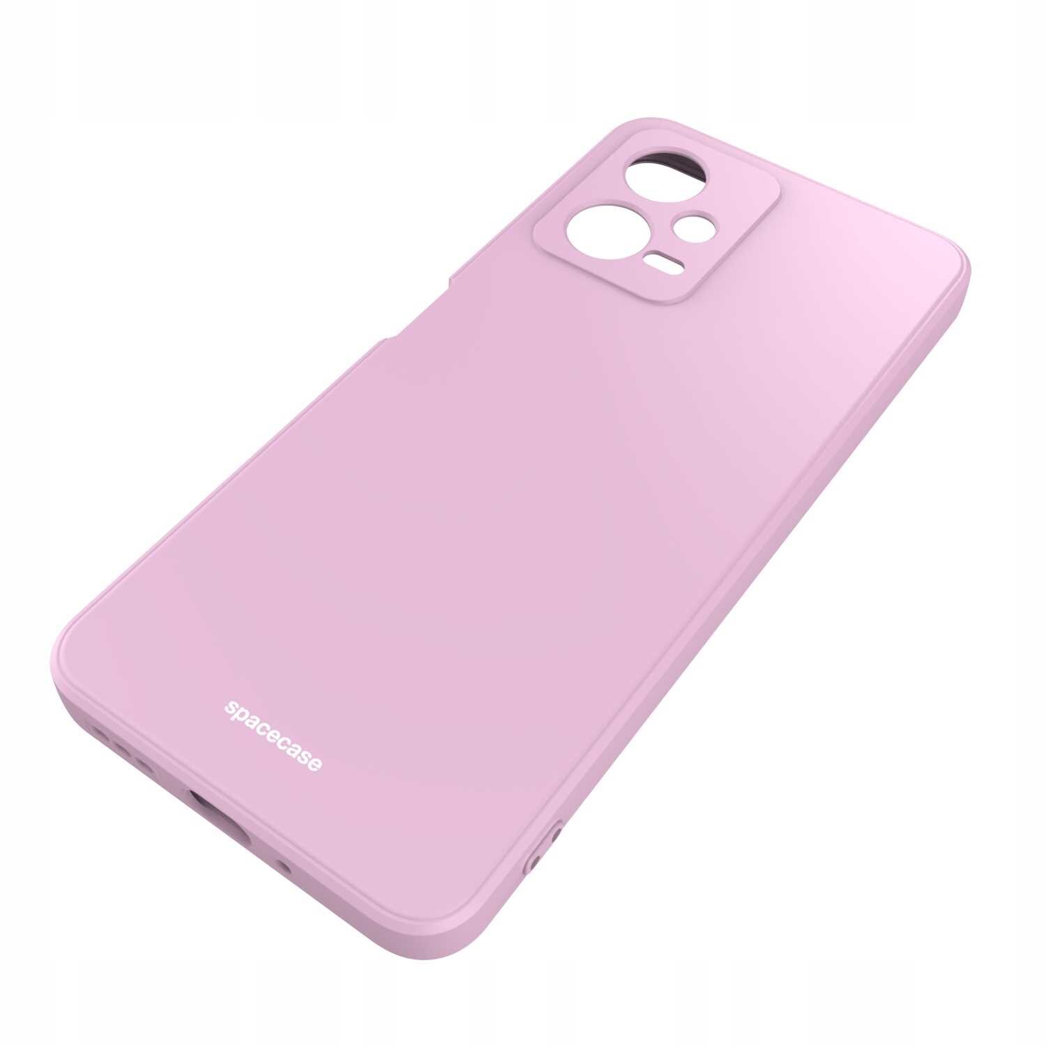 Różowe silikonowe etui z wycięciami na aparat i przyciski, z widocznym logo \'spacecase\'.