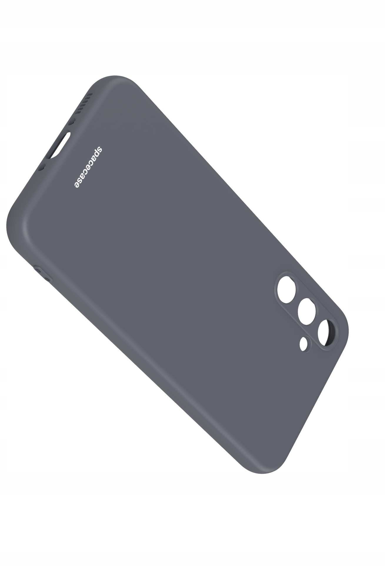 Czarne silikonowe etui z wycięciami na aparat i logo \'spacecase\'.