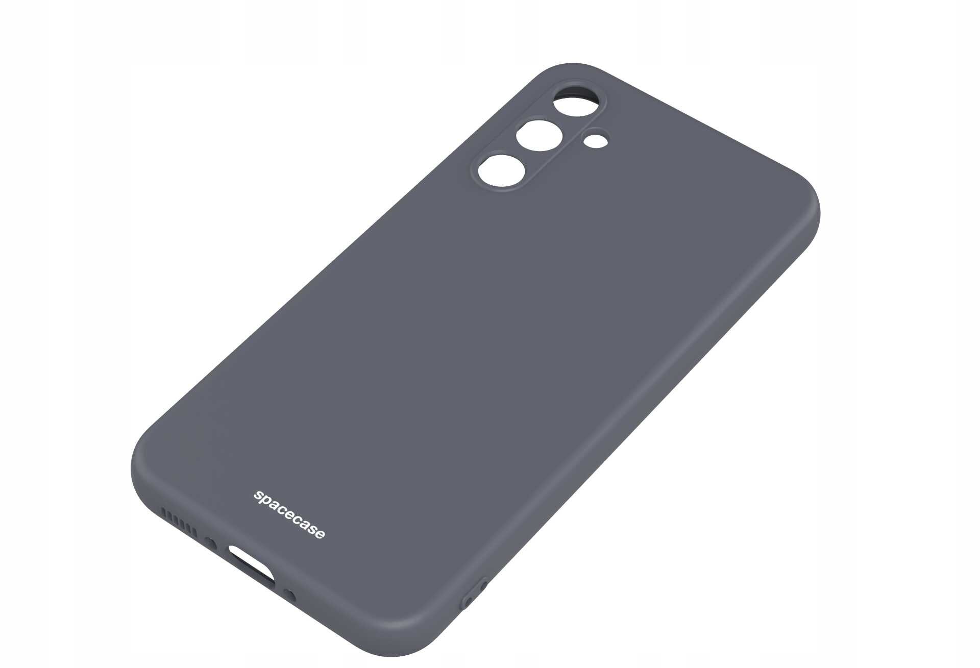 Silikonowe etui w kolorze czarnym z trzema otworami na aparat i logo \'spacecase\' na dole.