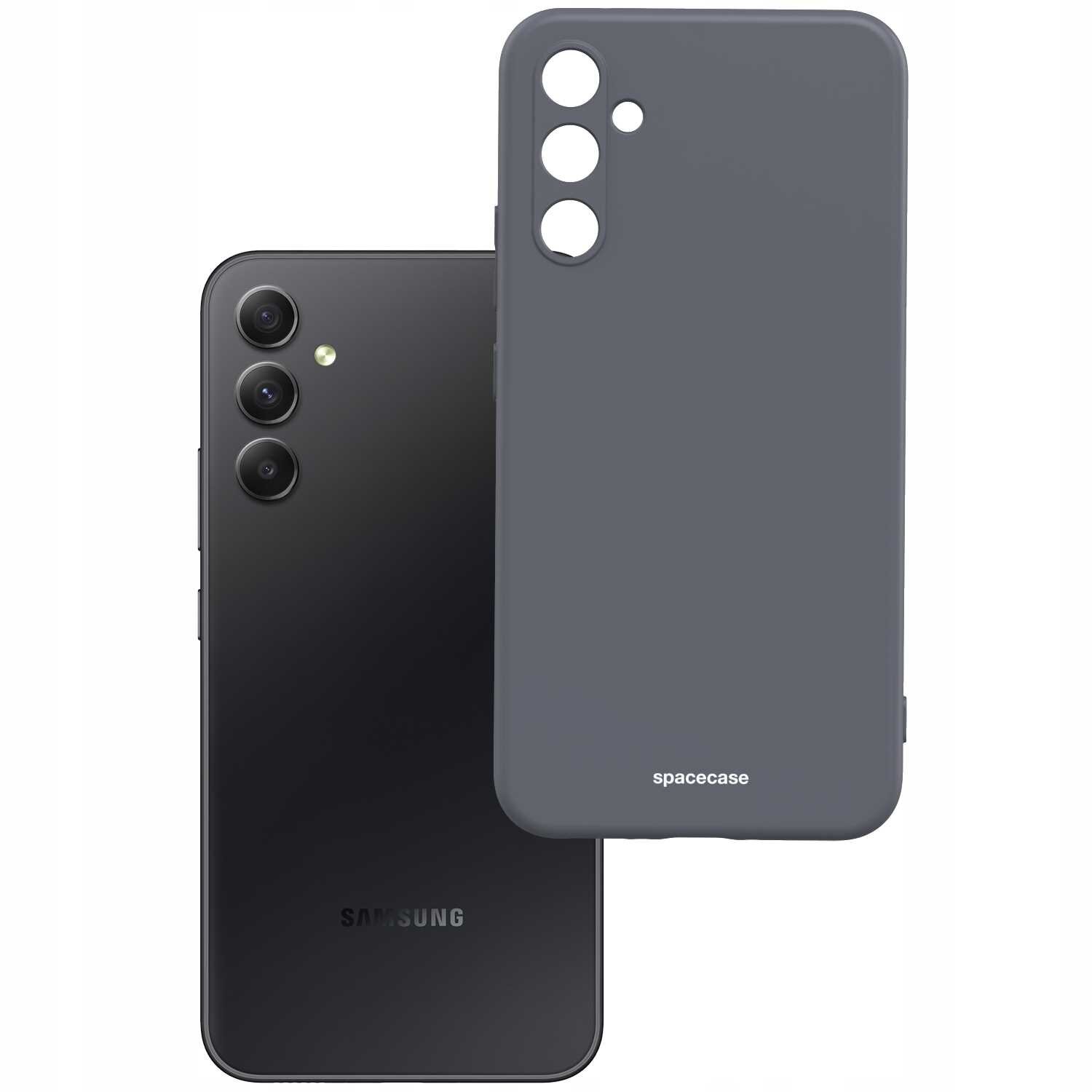 Na obrazie widoczne jest czarne silikonowe etui z trzema otworami na aparaty oraz napisem \'spacecase\'. Obok znajduje się czarny telefon z trzema obiektywami i logo \'Samsung\'.