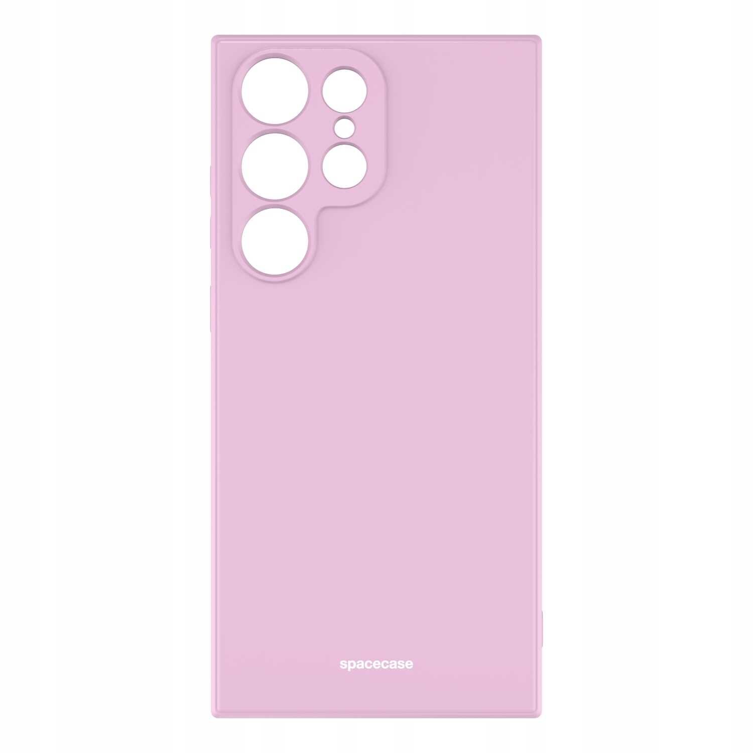 Różowe silikonowe etui na telefon z wycięciem na aparat. Na dole widoczny jest napis \'spacecase\'.