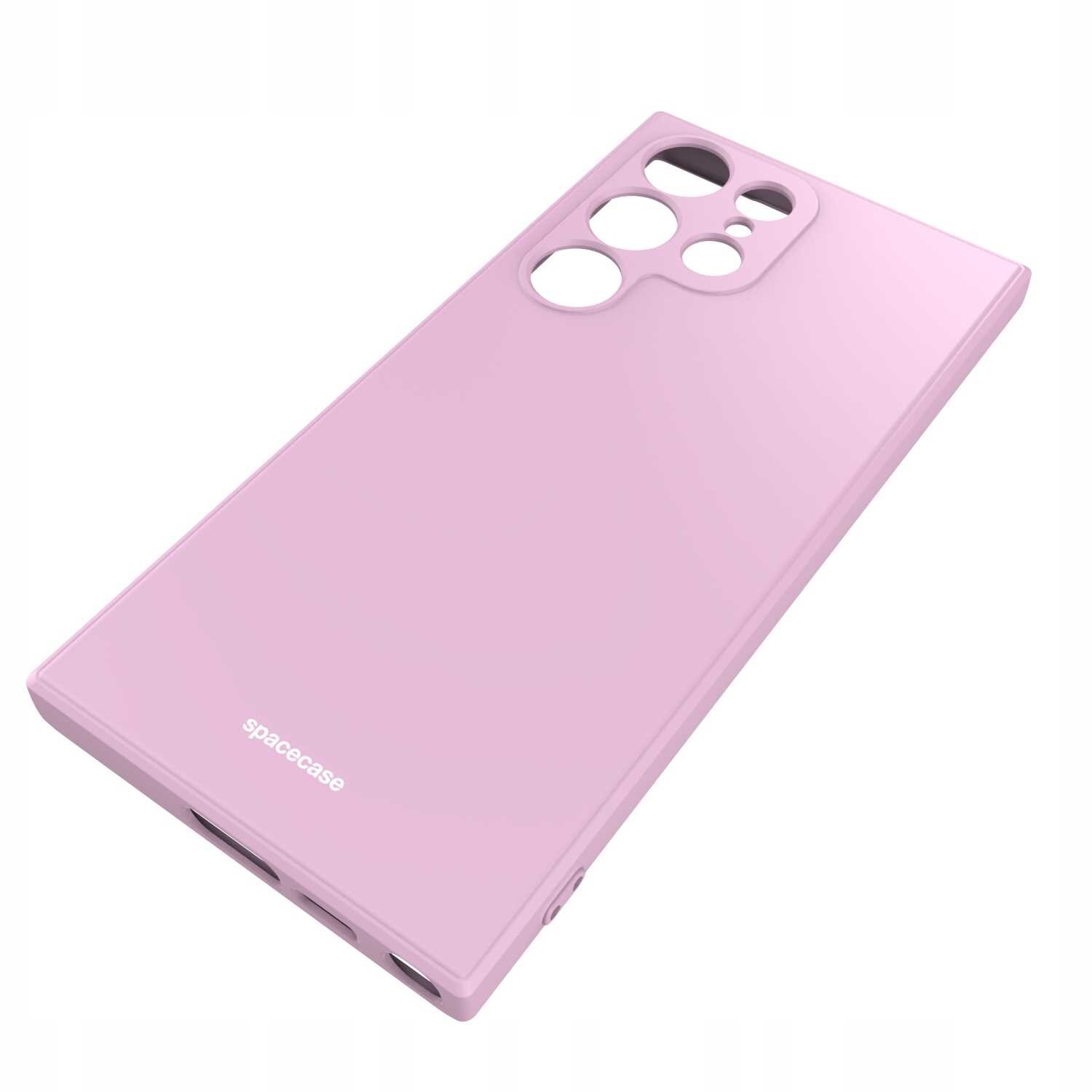 Różowe silikonowe etui z wycięciami na aparat i logo \'spacecase\' na powierzchni. Etui jest przeznaczone do telefonu Galaxy S23 Ultra.