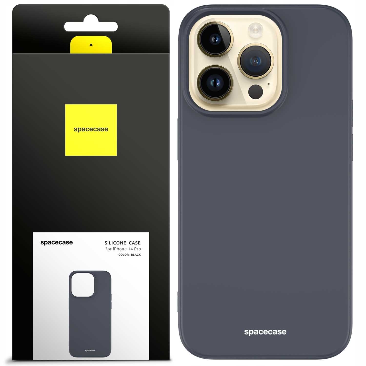Na obrazie widoczne jest czarne silikonowe etui na telefon z trzema wycięciami na aparaty. Obok znajduje się opakowanie z logo \'spacecase\' i napisem \'SILICONE CASE for iPhone 14 Pro COLOR: BLACK\'.