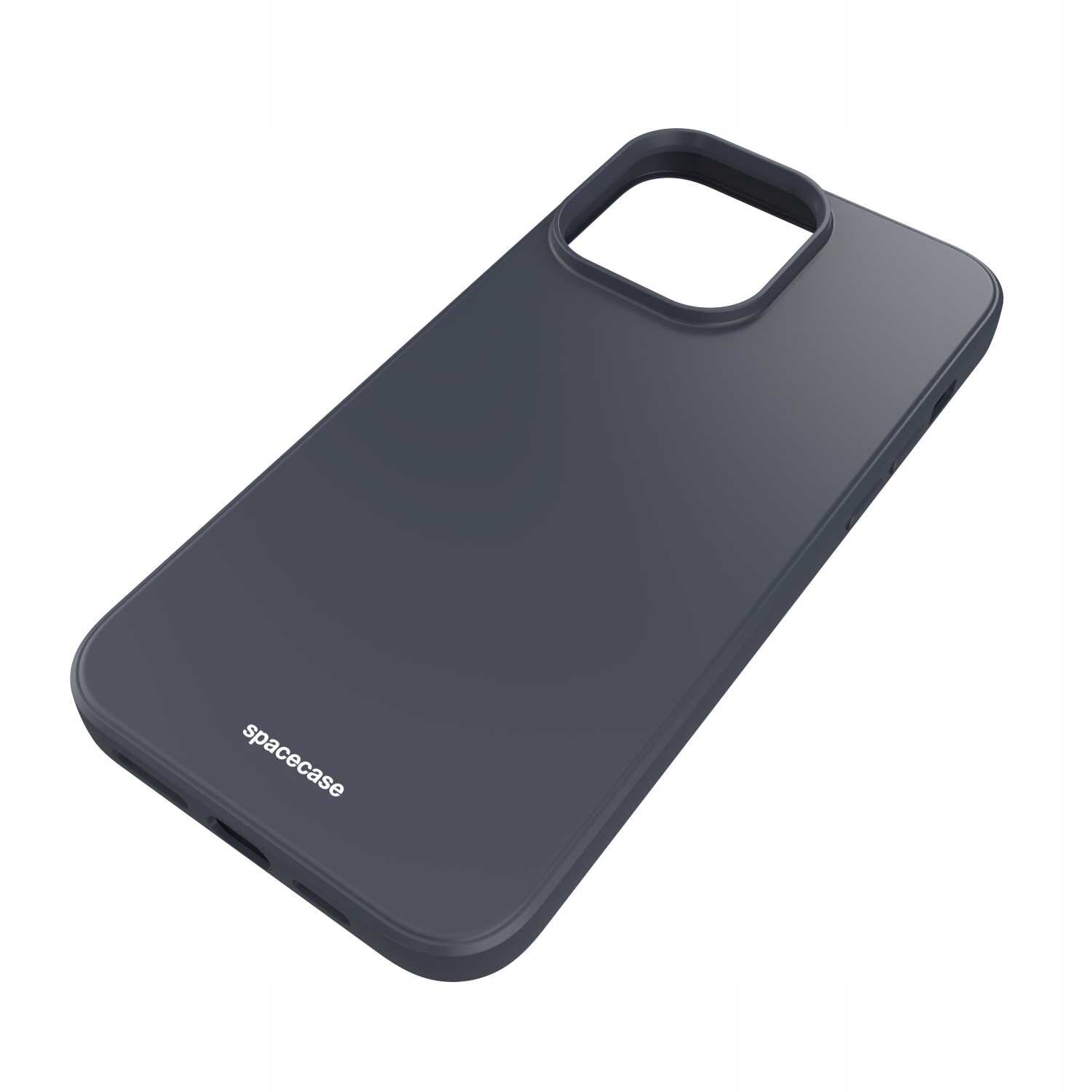 Czarne silikonowe etui na telefon z wycięciem na aparat i napisem \'spacecase\' na dole.
