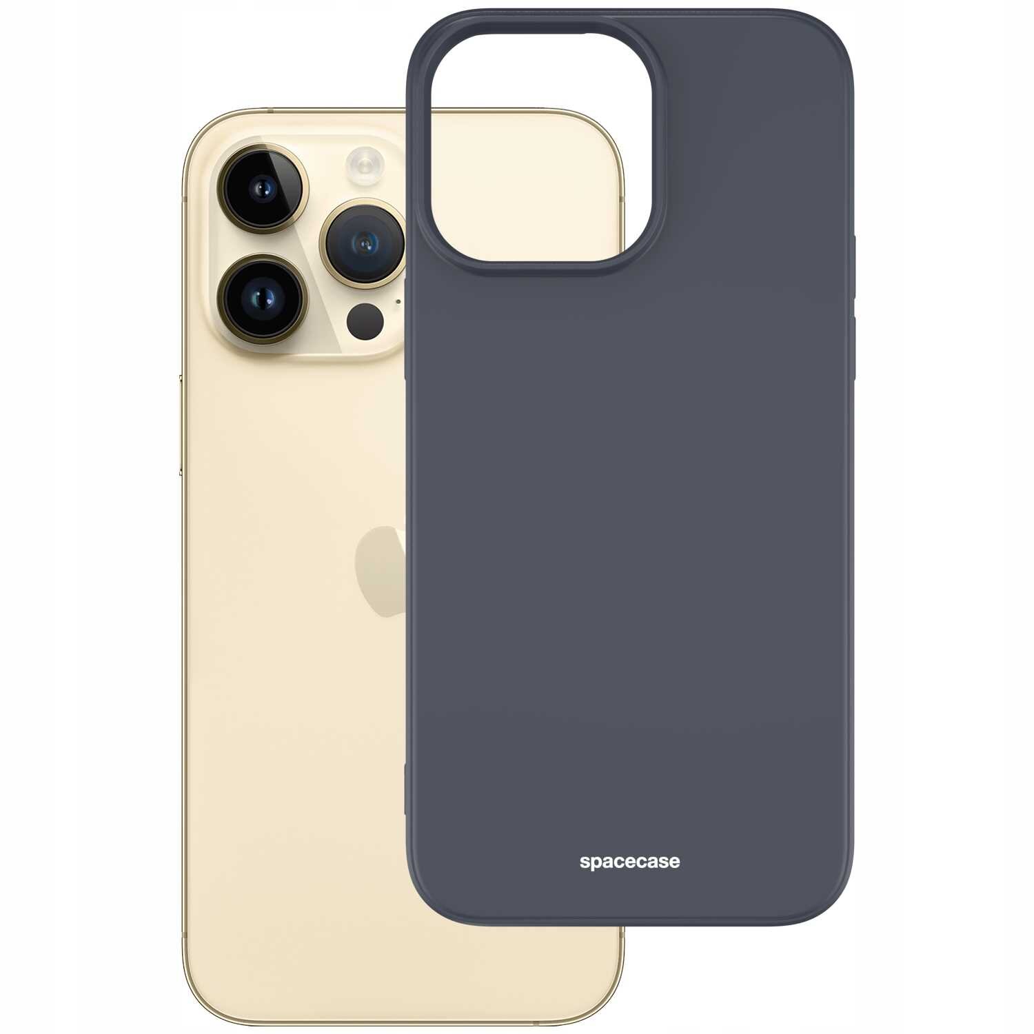 Na obrazie widoczny jest złoty smartfon z trzema aparatami oraz czarne silikonowe etui z napisem \'spacecase\'.
