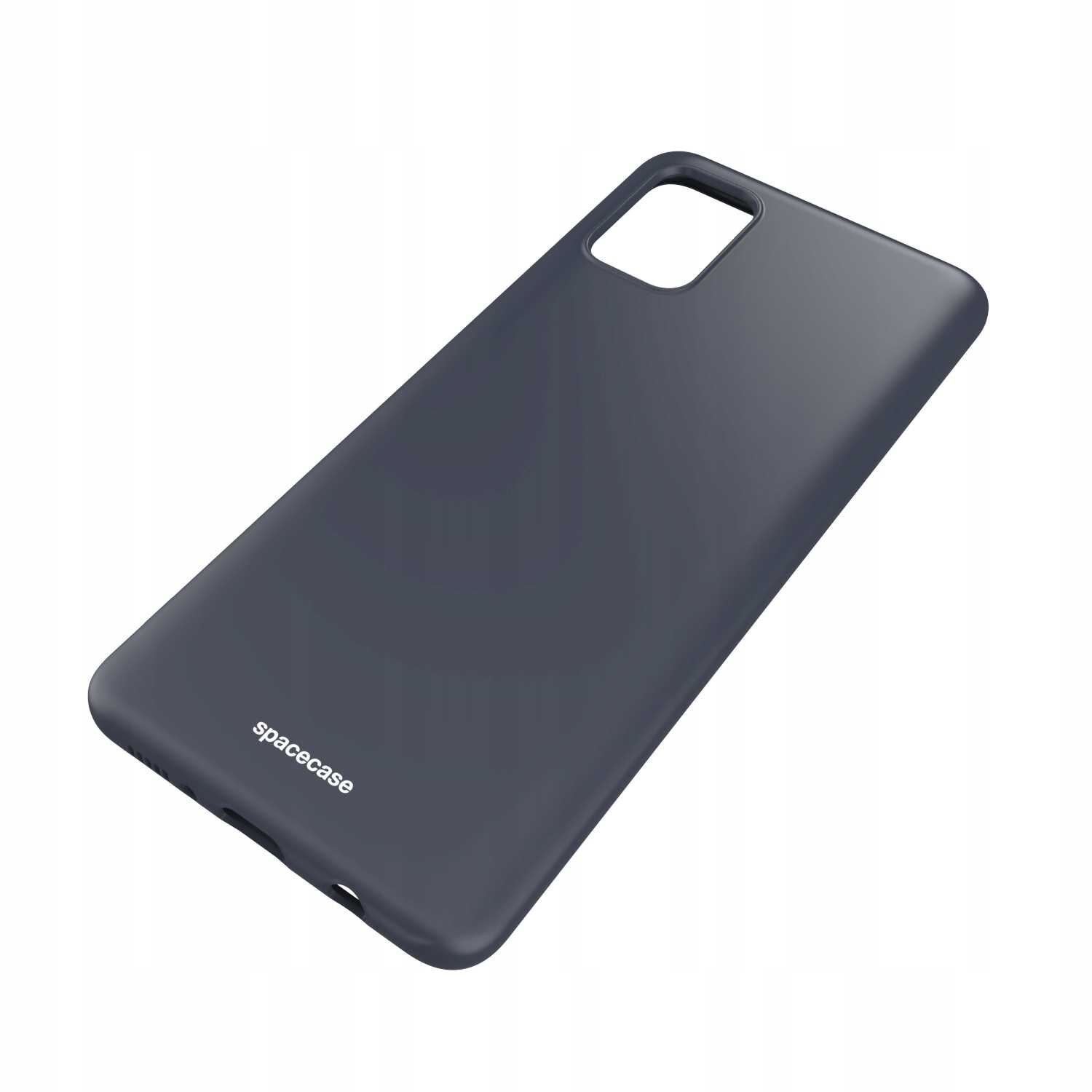 Czarne silikonowe etui z wycięciem na aparat, z widocznym logo \'spacecase\'.