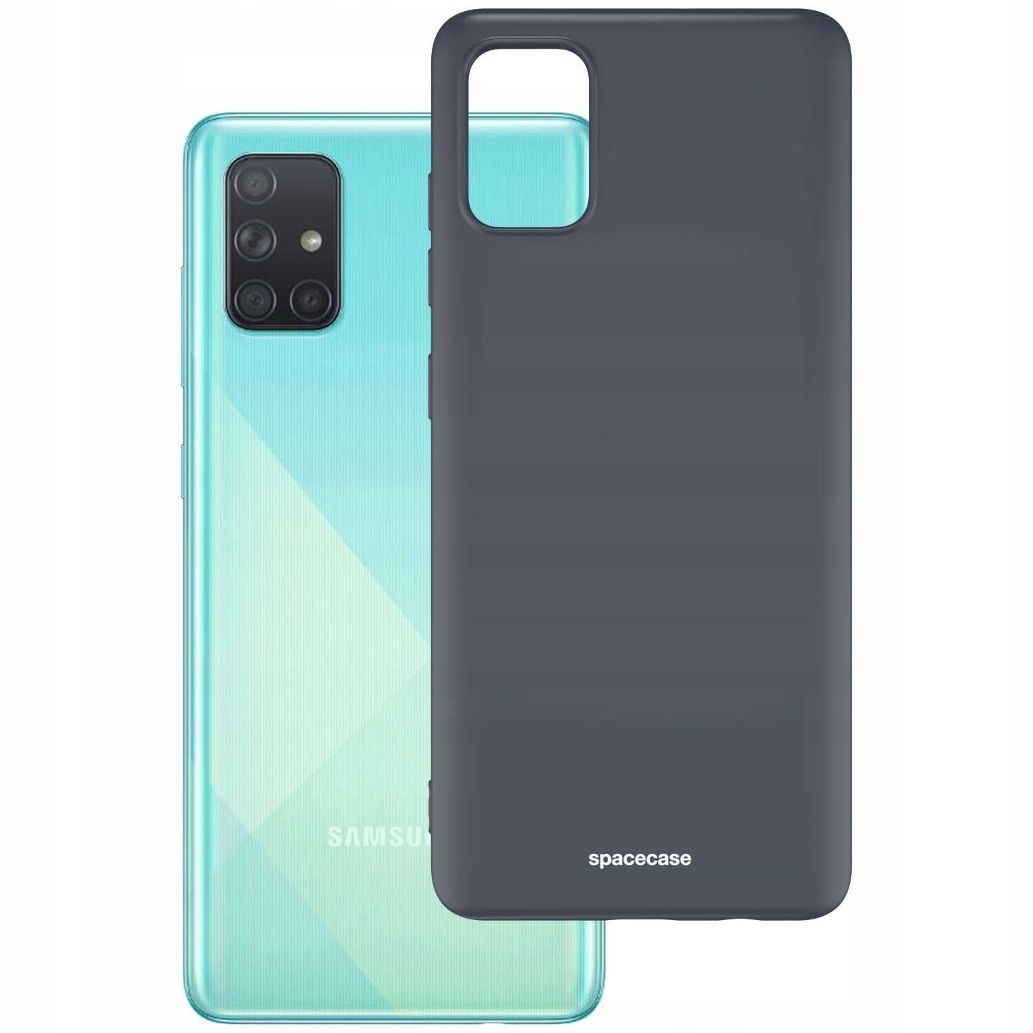 Na obrazie widoczne jest czarne silikonowe etui marki spacecase oraz telefon z czterema kamerami i logo Samsung. Etui jest przeznaczone do modelu Galaxy A51.