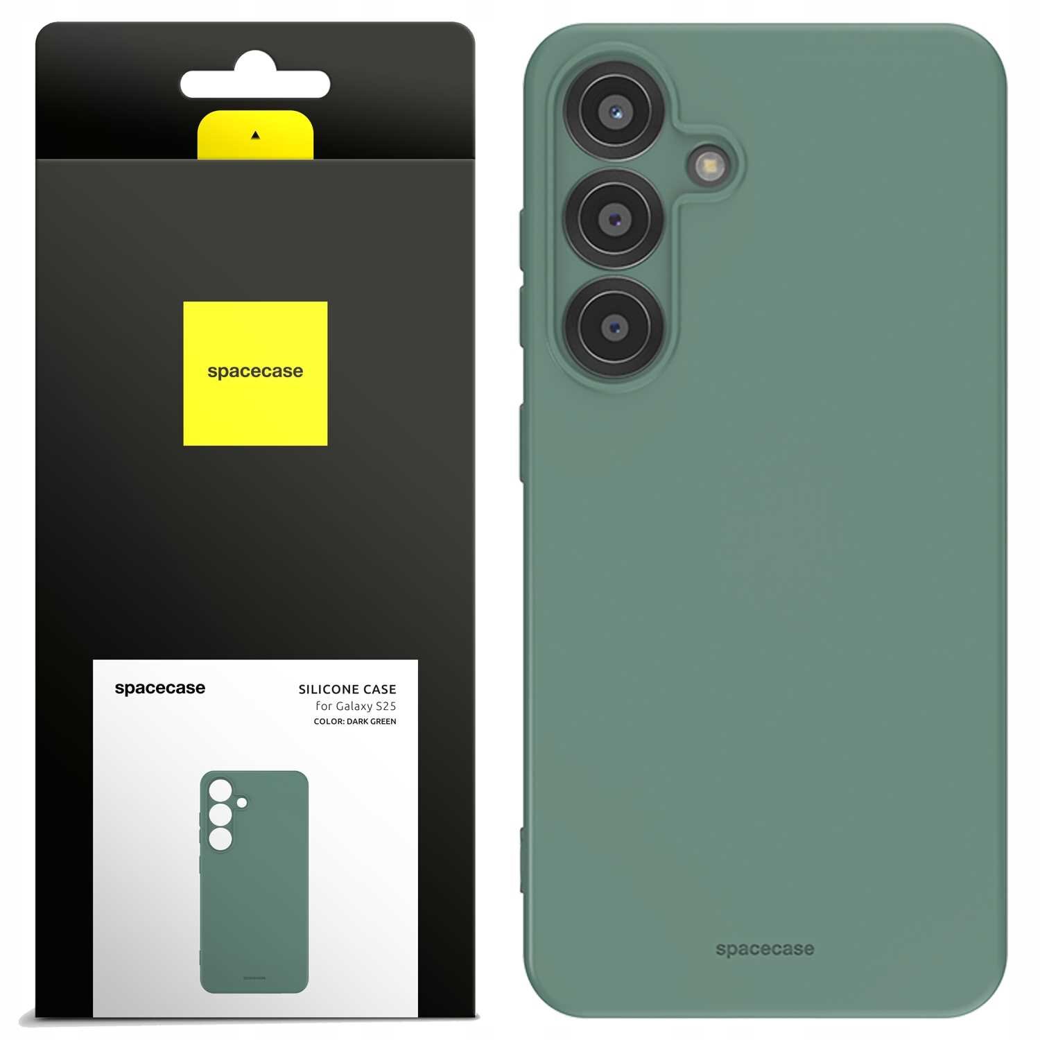 Zielone silikonowe etui na telefon z trzema otworami na aparaty. Opakowanie z logo \'spacecase\' i napisem \'SILICONE CASE For Galaxy S25 COLOR: DARK GREEN\'.