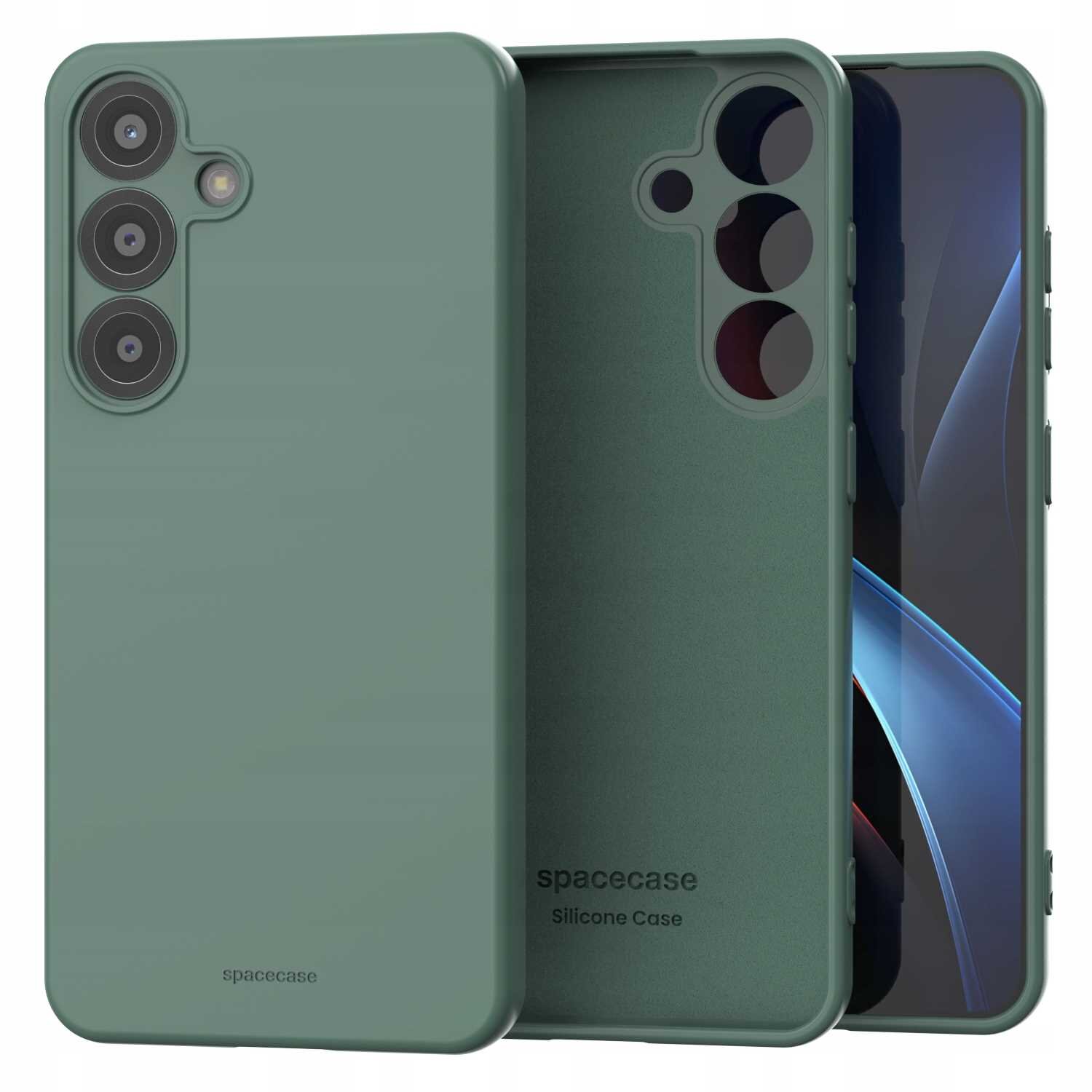 Zielone silikonowe etui na telefon z trzema otworami na aparaty i napisem \'spacecase Silicone Case\'.