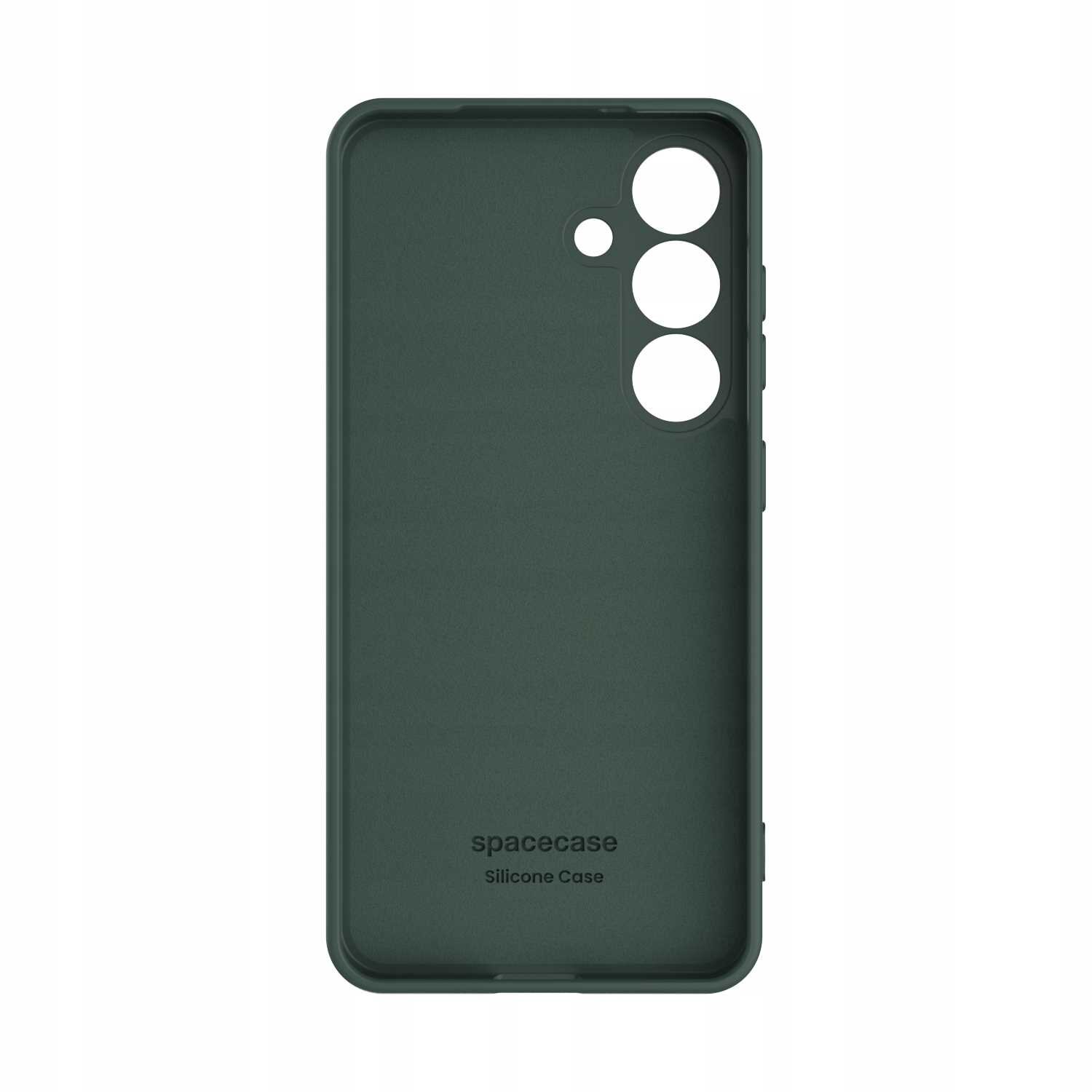 Zielone silikonowe etui z wycięciami na aparat i logo \'spacecase Silicone Case\' na dole.