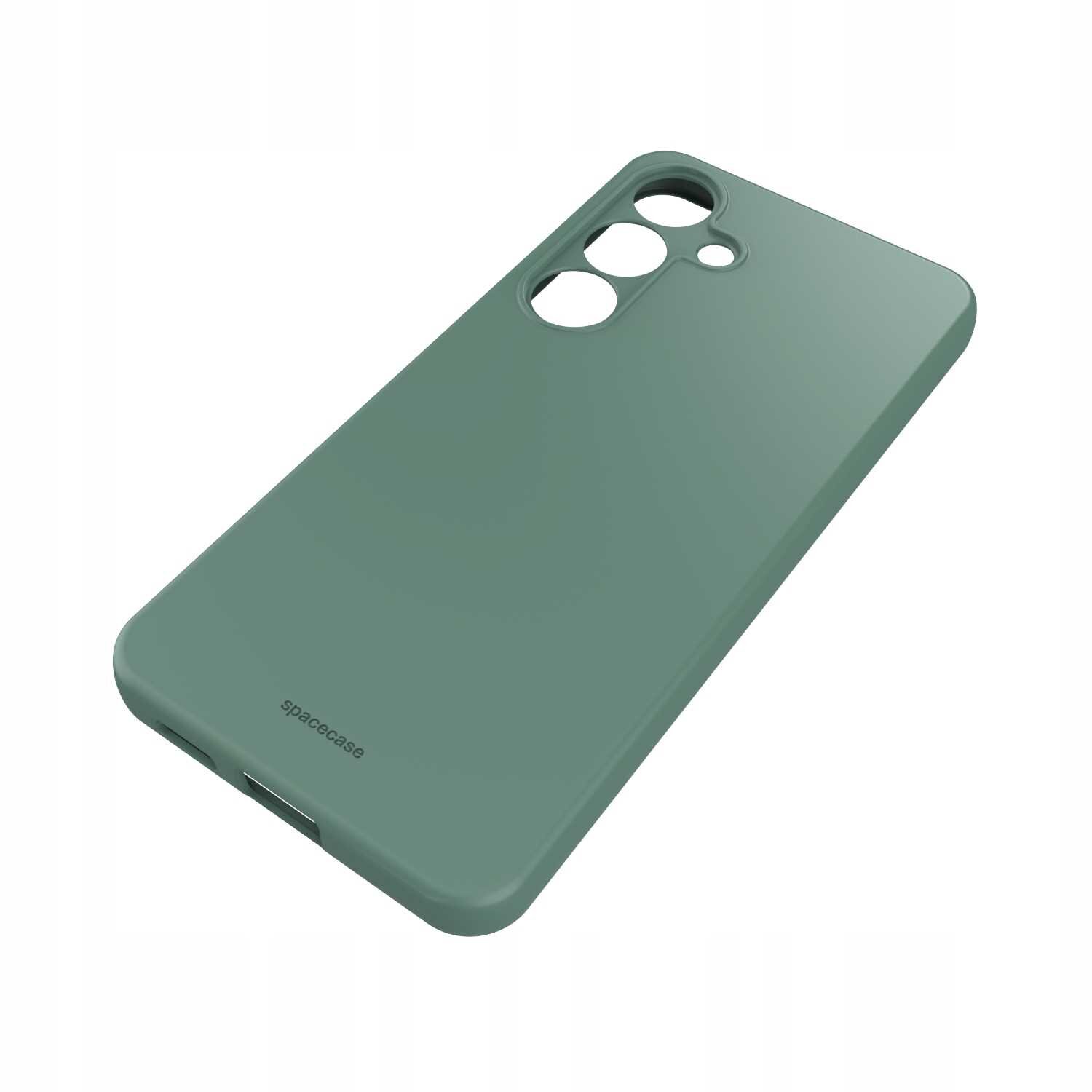 Zielone silikonowe etui z trzema otworami na aparaty i napisem \'spacecase\' na dole.