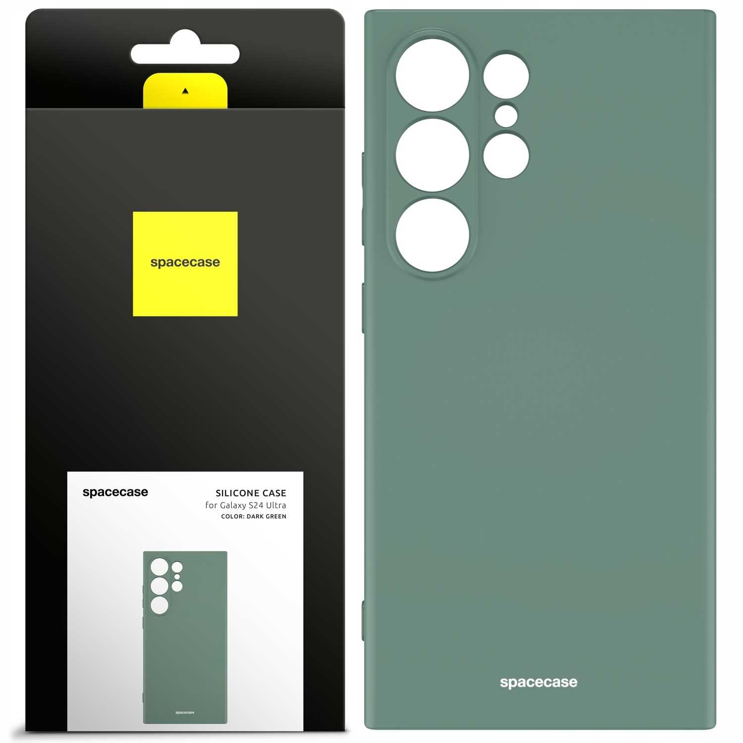 Zielone silikonowe etui z pierścieniem do Galaxy S24+ obok opakowania z logo \'spacecase\'. Na opakowaniu widnieje napis: \'SILICONE RING for Galaxy S24+ COLOR: DARK GREEN\'.