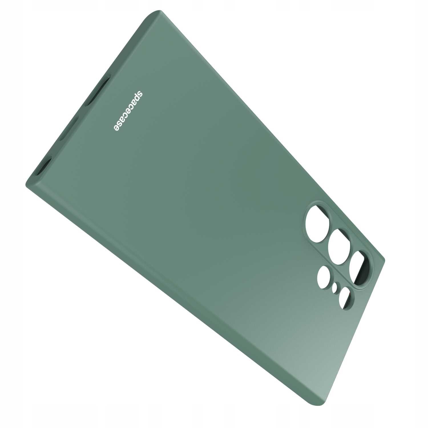 Zielone silikonowe etui z wycięciami na aparat i logo \'spacecase\'.