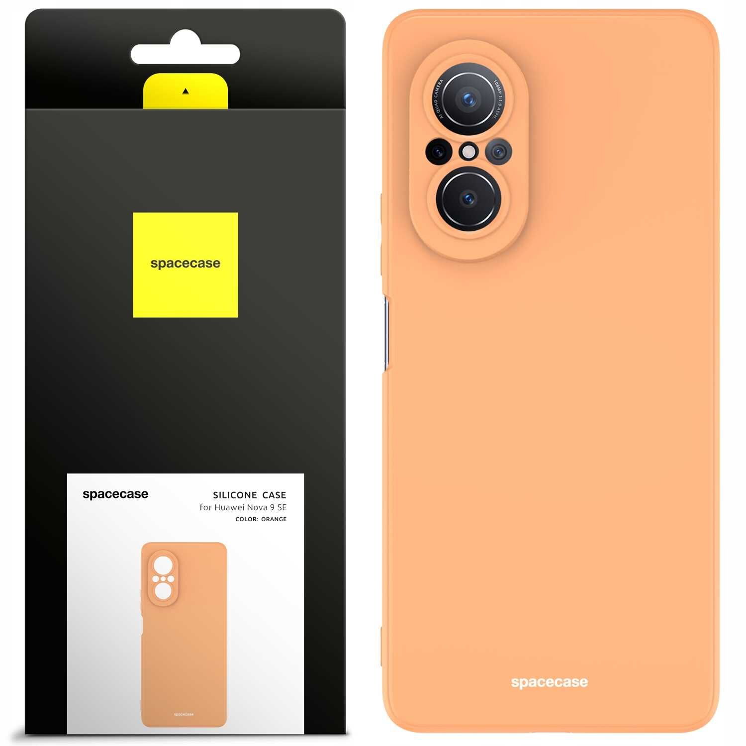 Obraz przedstawia pomarańczowe silikonowe etui na telefon z trzema otworami na aparaty. Obok znajduje się opakowanie z logo \'spacecase\' i napisem \'SILICONE CASE for Huawei Nova 9 SE COLOR: ORANGE\'.